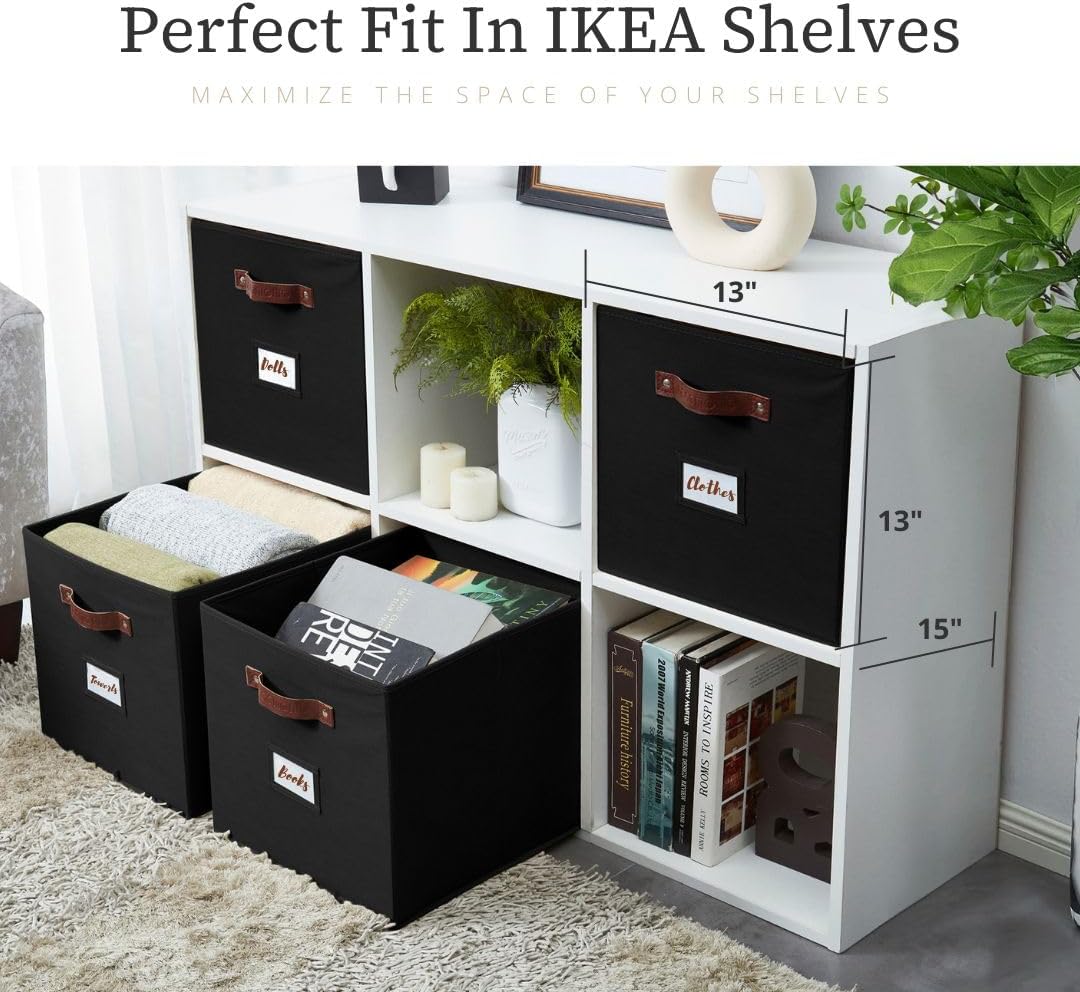 DECOMOMO Cube Storage Bin, Storage Cubes with Labels, Baskets for Shelves Kallax Linen Closet Organizers (Cube 10.5x11"/ 6pcs, Black)