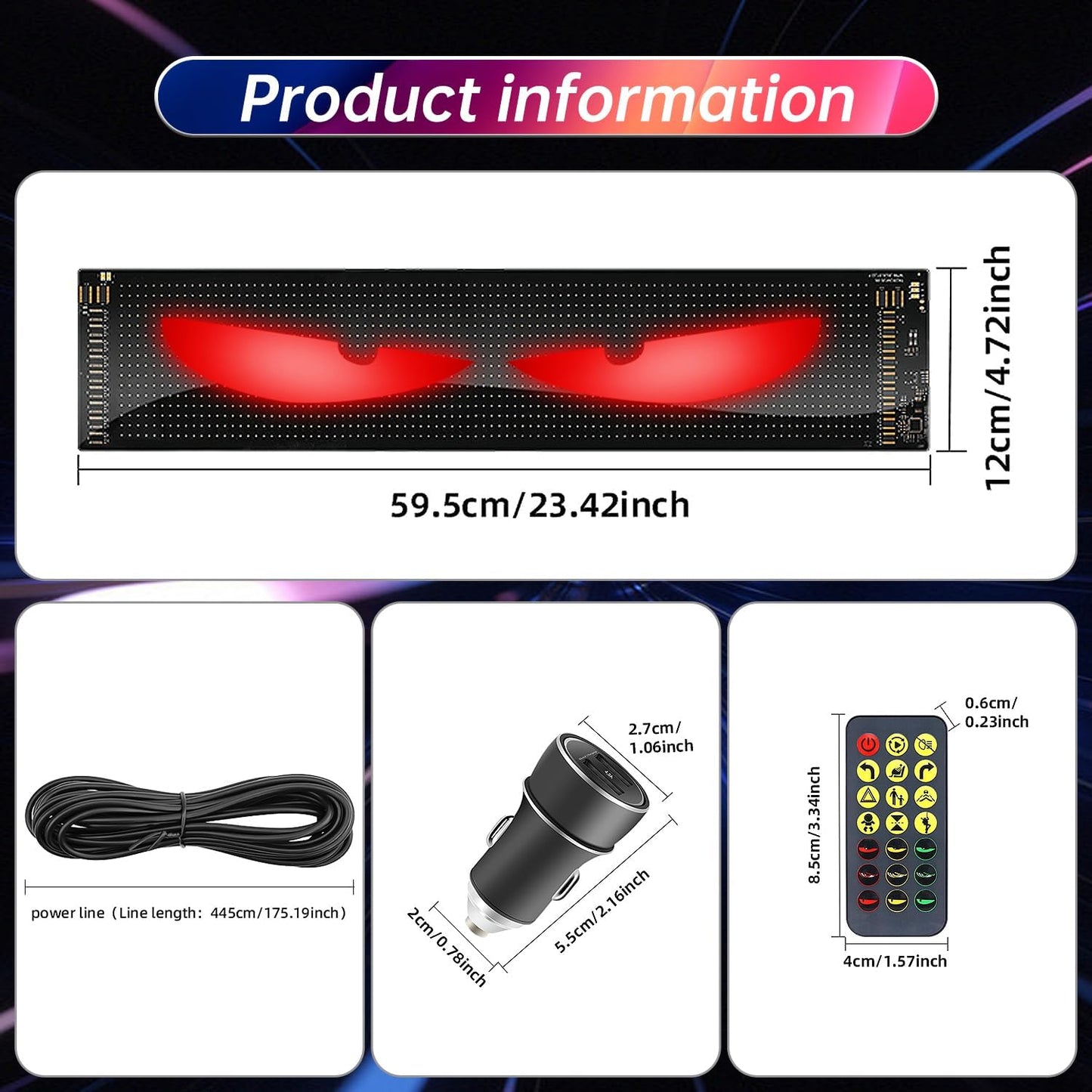 4.8in*24in Large Devil Eyes Light for Cars Windshield Remote & APP Control Dynamic Scrolling Text LED Screen IP65 Waterproof for Universal Windshield Decoration