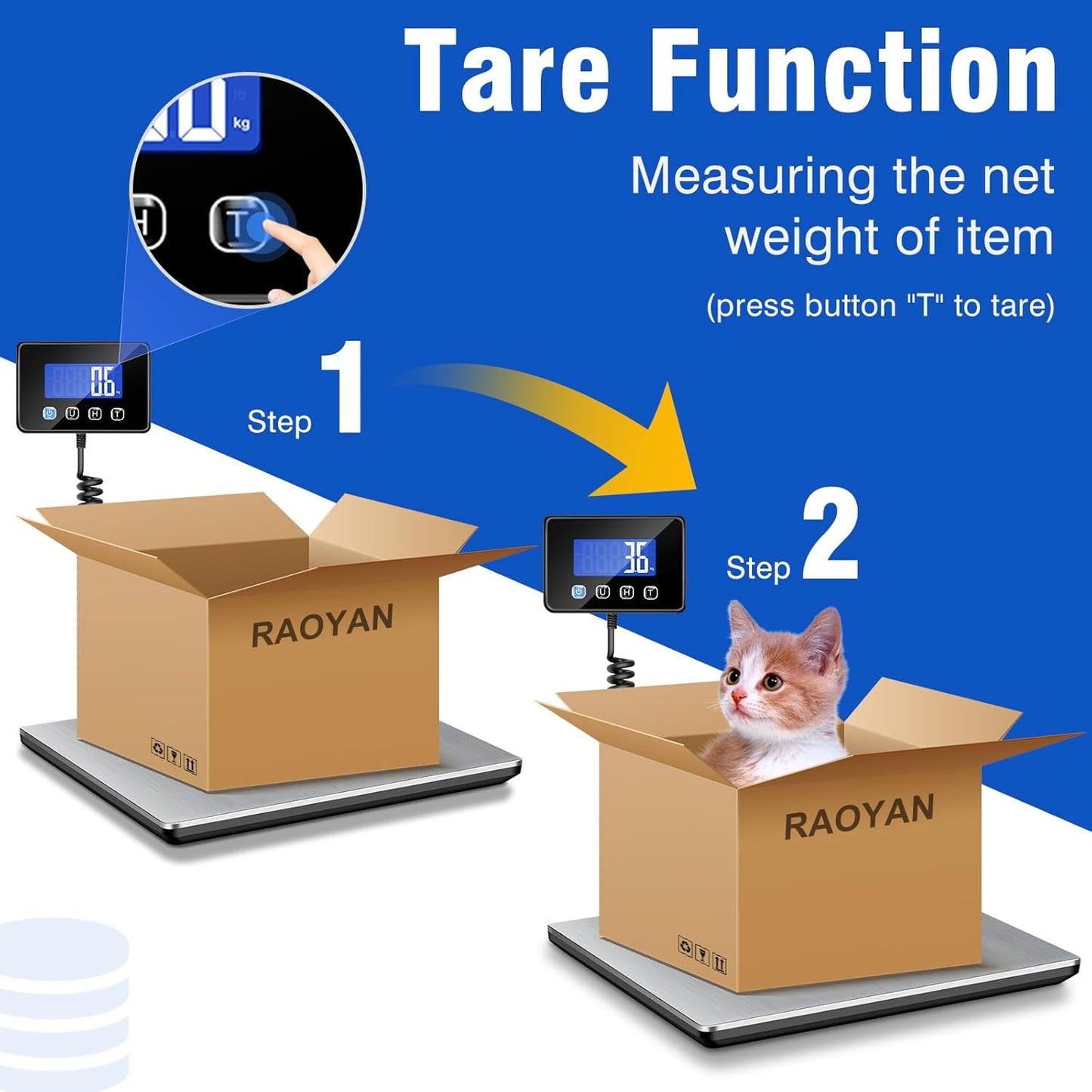 RAOYAN Shipping Scale, 660 lb / 1 oz High Accuracy Digital Postal Scale with LCD Display, Hold/Tare Function, Shipping Scale for Package, Luggage, Warehouse (Including 2 Batteries, Charging Cable)
