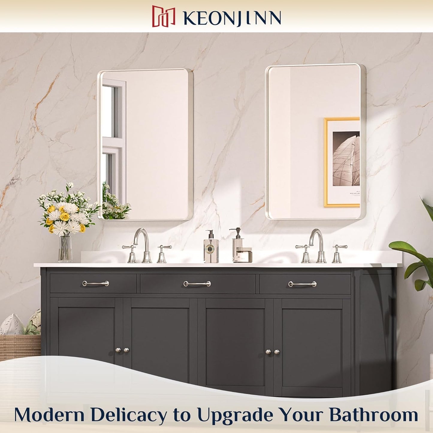 Keonjinn 42 x 36 Brushed Nickel Bathroom Vanity Mirror, Large Rounded Rectangle Bathroom Mirrors for over Sink, Metal Framed Silver Mirror for Wall, Shatterproof HD Tempered Glass(Horizontal/Vertical)