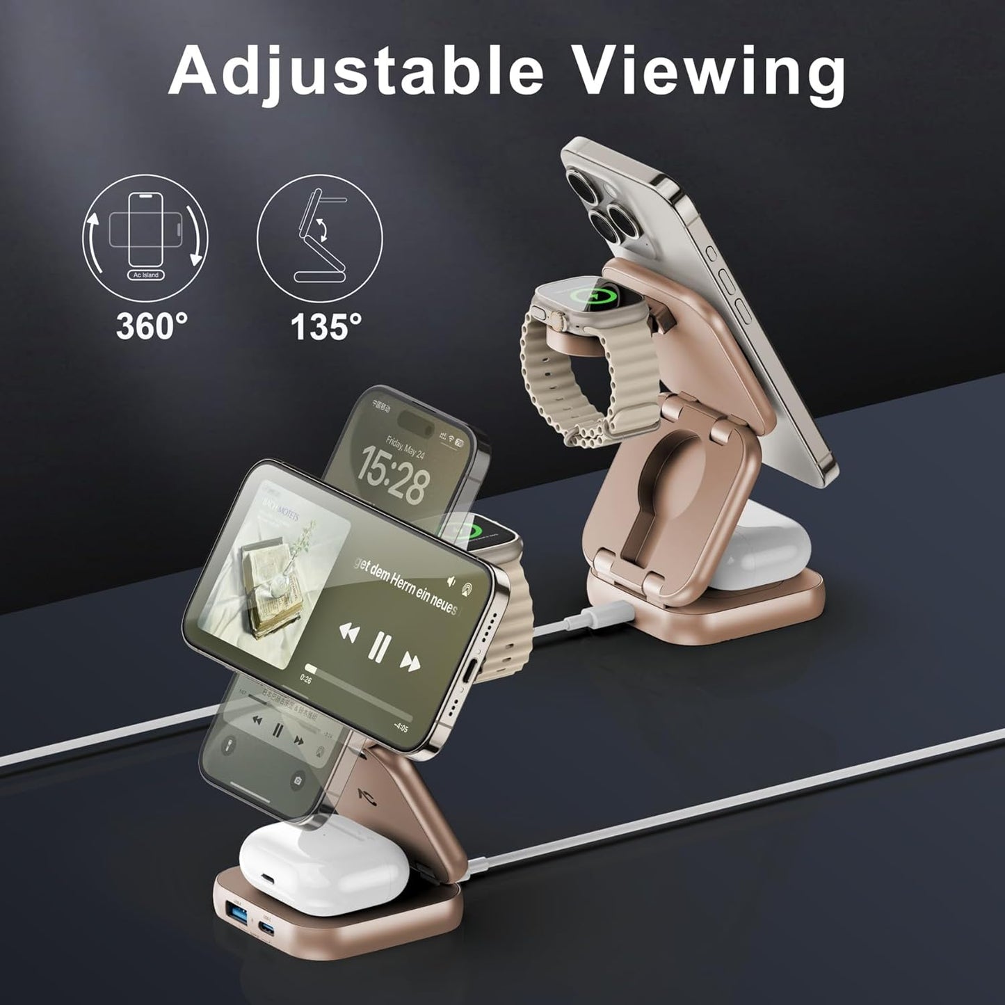 5-in-1 Wireless Charger for Magsafe, AC ISLAND Aluminum Travel Charging Station for Apple, 15W Snap Magnetic Multi Charging Stand Dock for iPhone 16/15/14/13 Apple Watch AirPods (with 35W GaN Adapter)