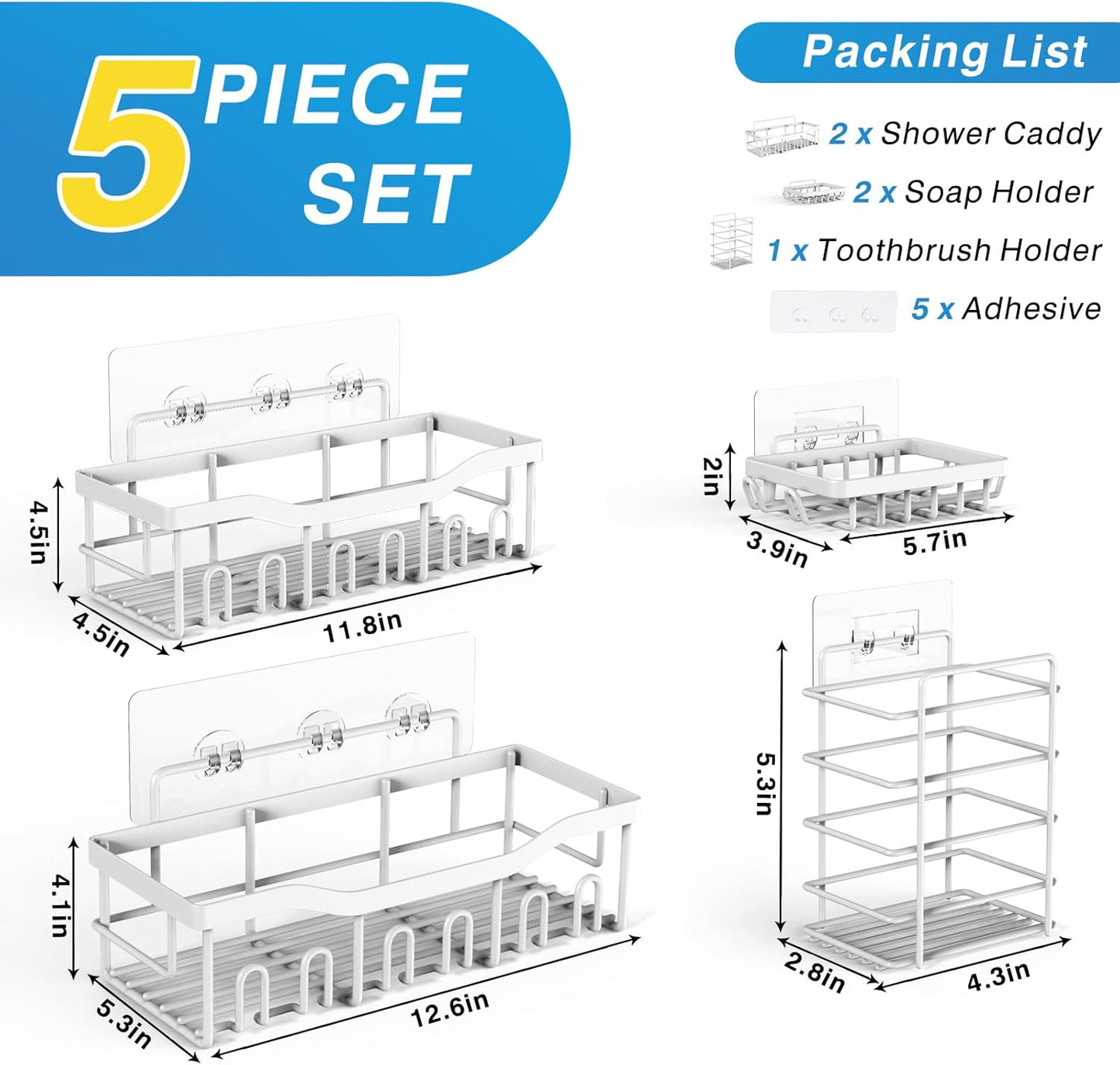 EUDELE 5-Pack Rustproof Stainless Steel Shower Caddy – No Drill Adhesive Bathroom Organizer with Large Capacity, Spacious Shower Shelves for Inside Shower, Kitchen & Home Decor Storage - PuriLite
