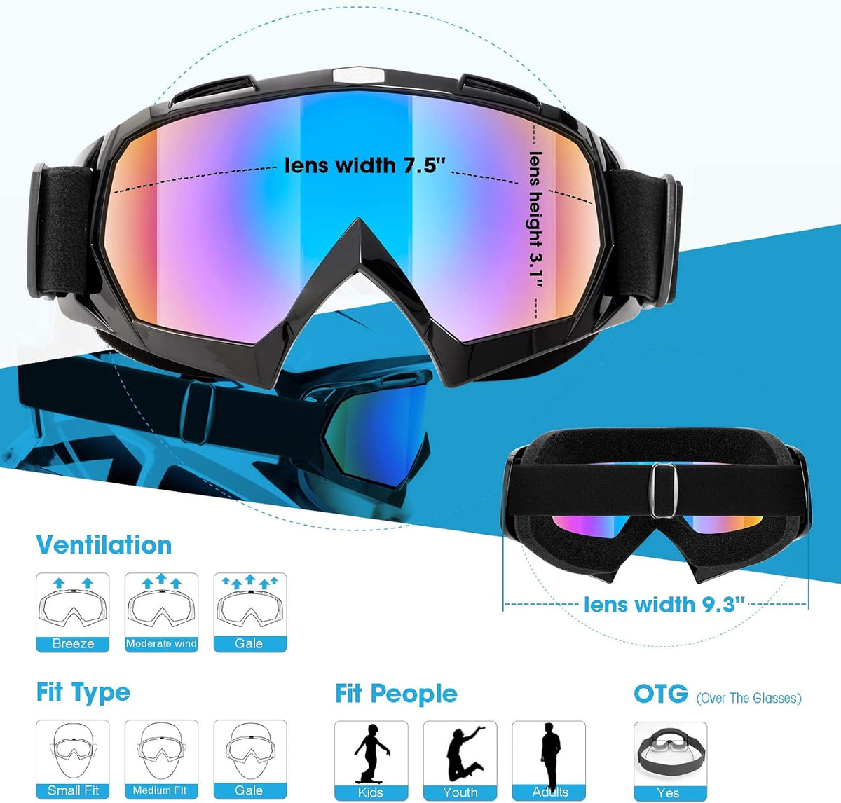 Adult Dirt Bike Goggles, 2-Pack ATV Motorcycle Goggles for Men & Women, Wide Vision Riding Off-Road Goggles - PuriLite