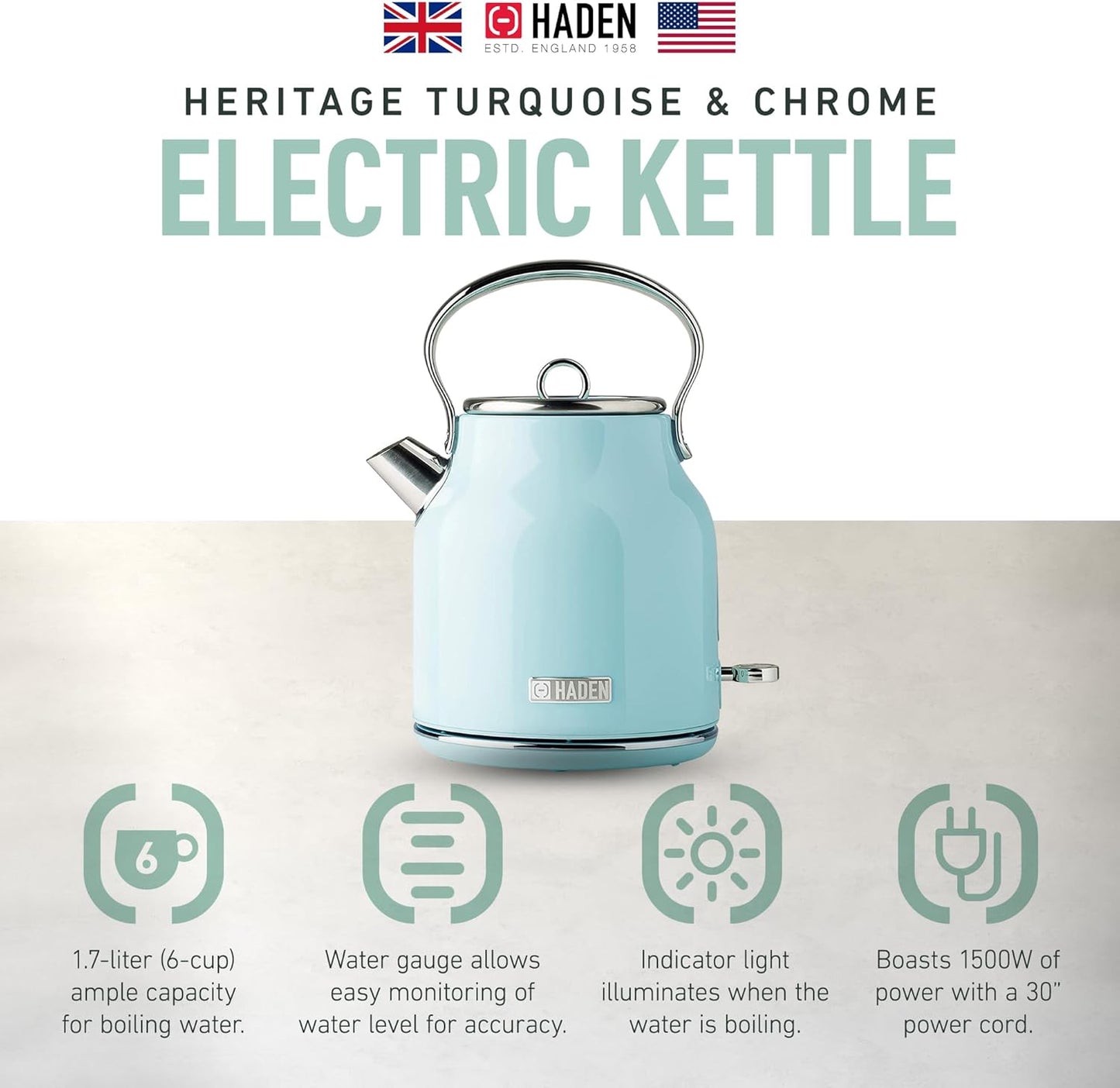 Haden 75041 Heritage 1.7 Liter (7 Cup) Stainless Steel Electric Kettle with Auto Shut-Off and Boil Dry Protection, Black/Copper