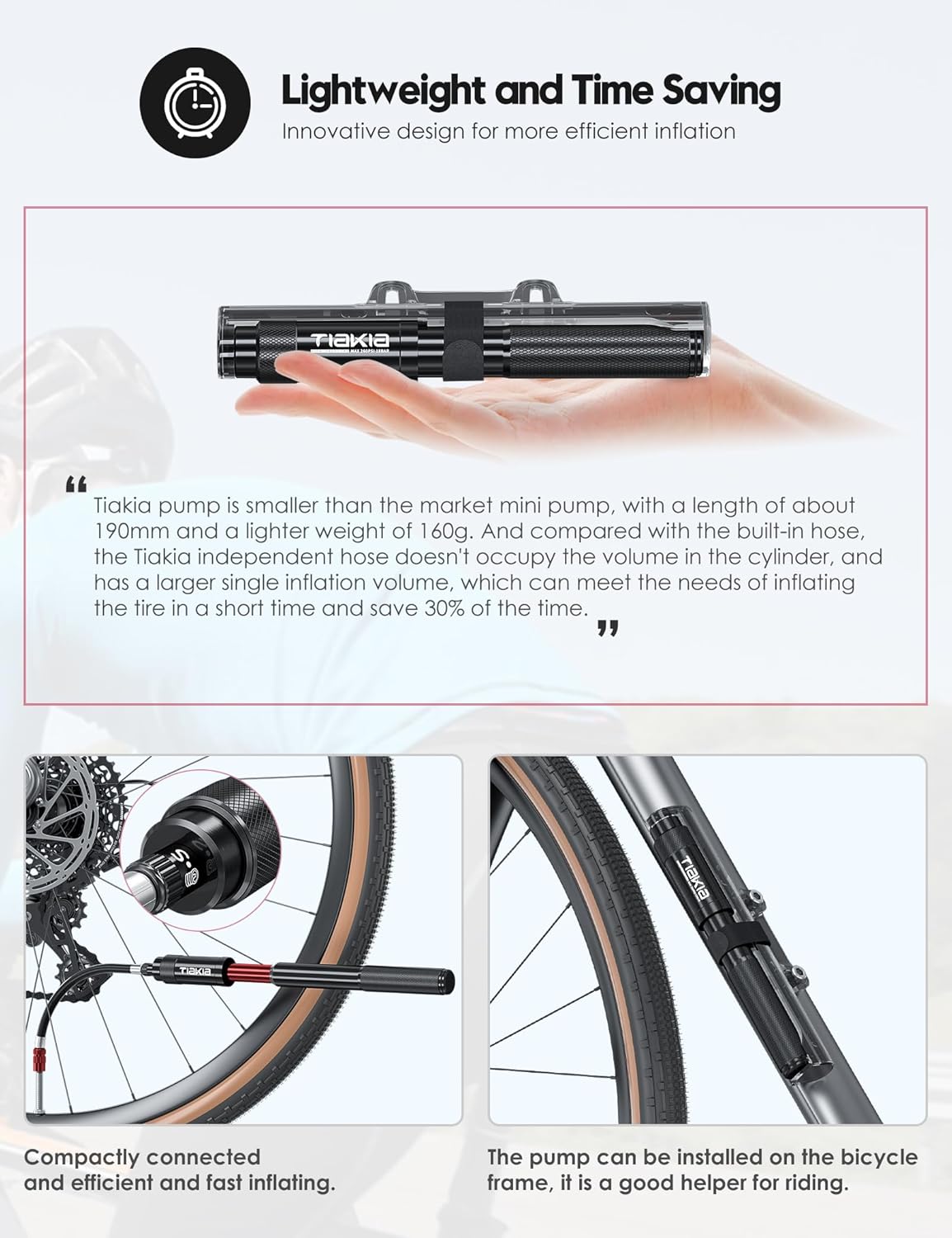 Tiakia Mini Bike Pump Portable Bicycle Pump Compact High Pressure Frame Pump 260PSI- Air Hand Pump Fit Presta, Schrader & Woods Valves,Aluminum Alloy Durable Tire Pump for Road/Mountain/BMX Bikes