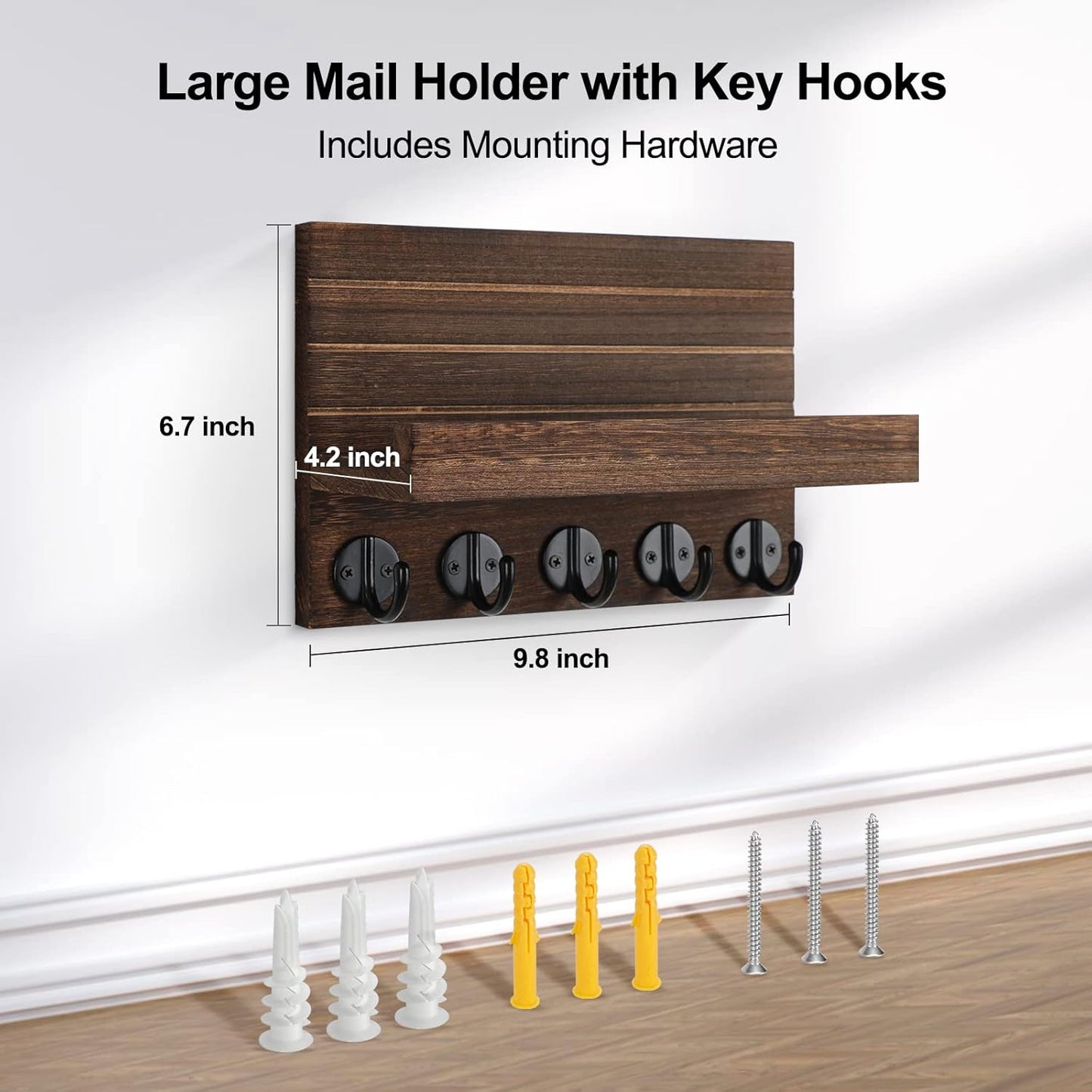Lwenki Key Holder for Wall, Decorative Key and Mail Holder with Shelf Has Large Key Hooks for Bags, Coats, Umbrella – Paulownia Wood Key Hanger with Mounting Hardware (Black)