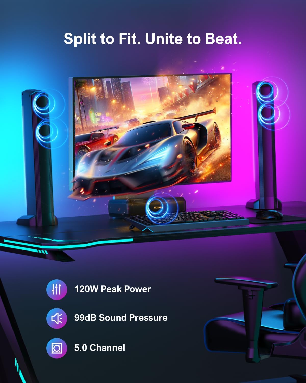 ULTIMEA 5.0ch Sound Bar for Smart TV, PC Soundbar with RGB Light, Detachable Soundbar with App Control, 120W Peak Power, Bluetooth 5.3 TV Sound Bar, HDMI-ARC/Opt/AUX, Wall Mount, Apollo S70