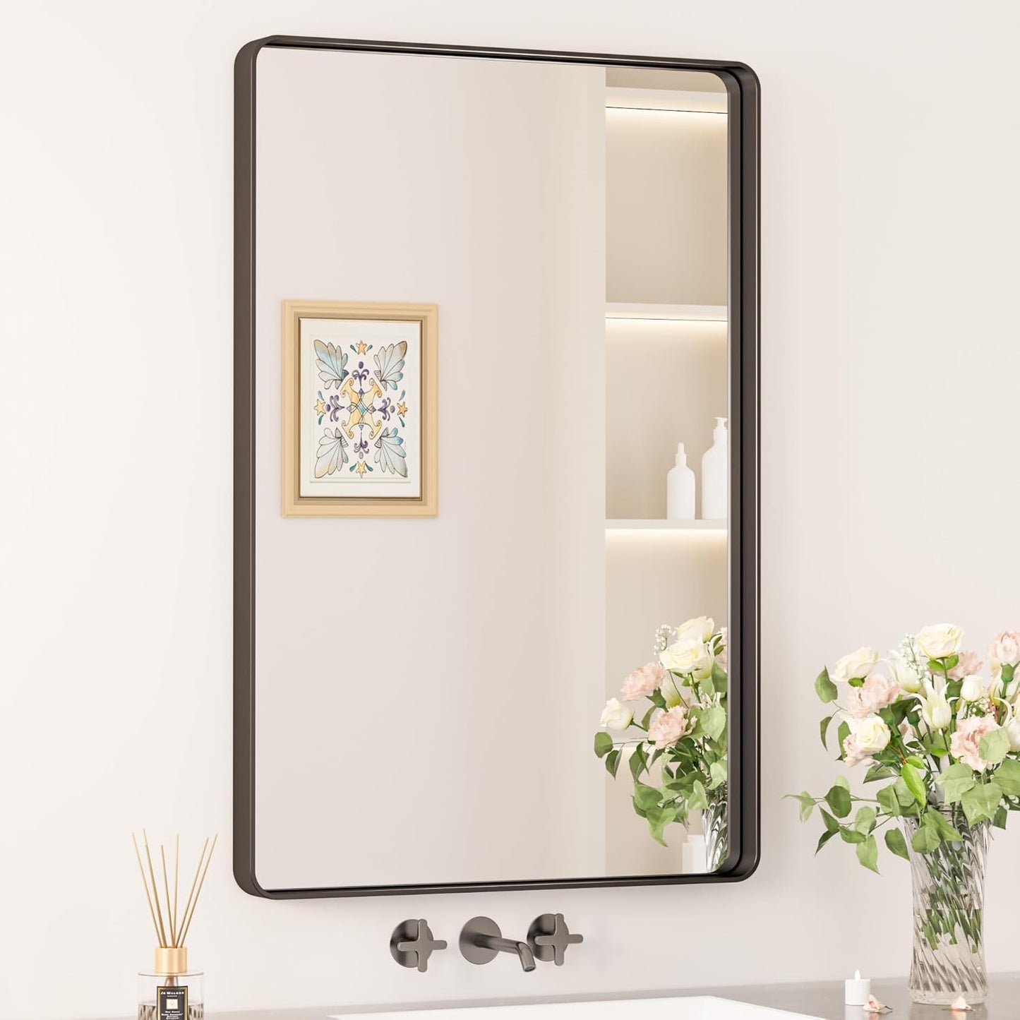 Keonjinn 42 x 36 Brushed Nickel Bathroom Vanity Mirror, Large Rounded Rectangle Bathroom Mirrors for over Sink, Metal Framed Silver Mirror for Wall, Shatterproof HD Tempered Glass(Horizontal/Vertical)