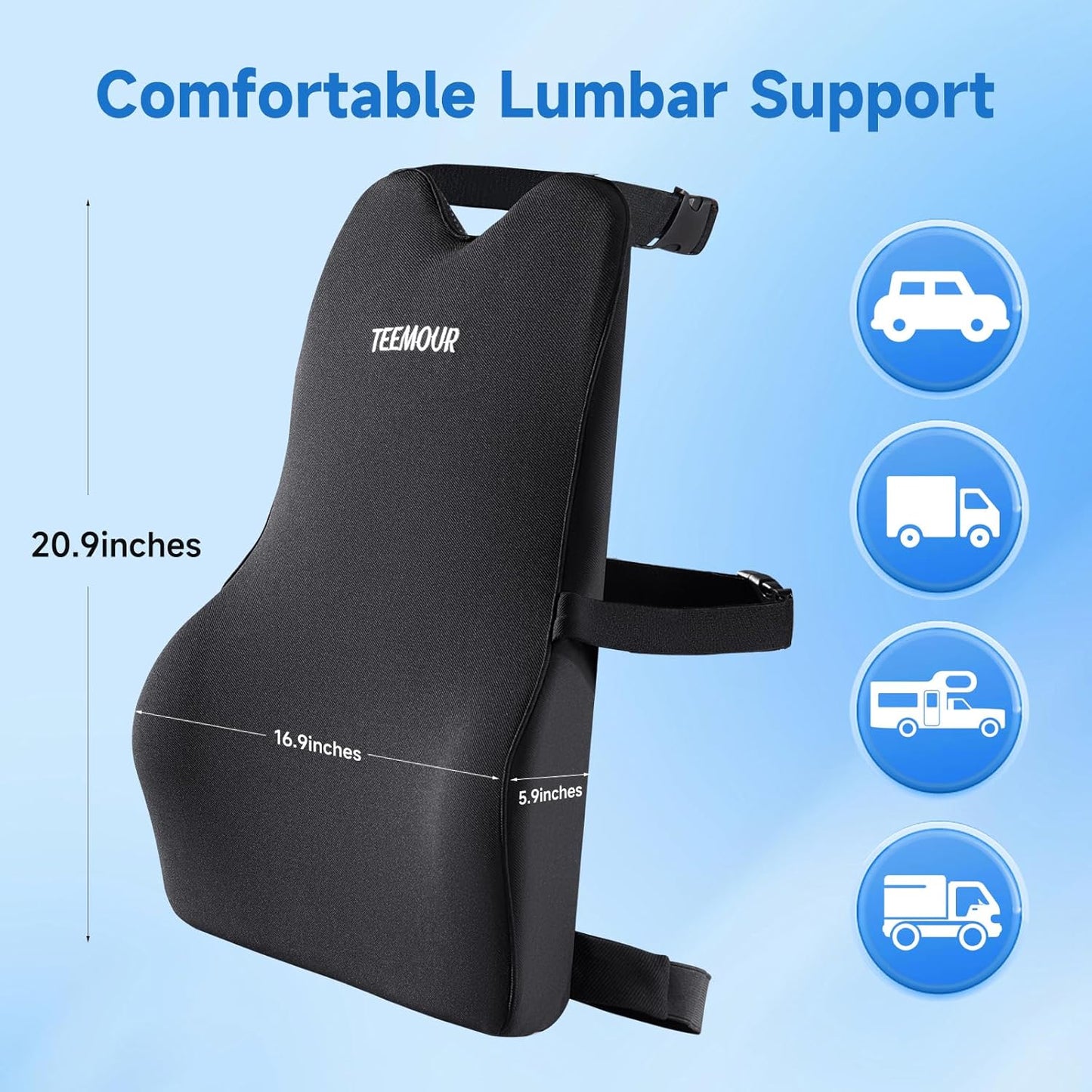 Lumbar Support Pillow for Office Chair Car Sitting Posture Back Support Memory Foam Back Cushion for Driving, Lumbar Comfort for Long Sitting, Truck with Three Adjustable Straps