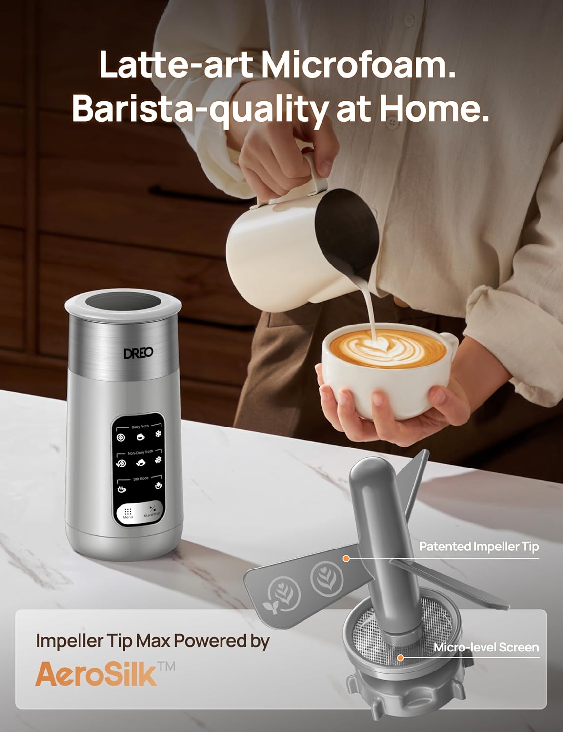 Dreo Milk Frother, 8-in-1 Electric Frother for Latte Art Coffee, 9oz/270ml Warm and Cold Foam Automatic Frothers for Dairy and Non-Dairy Milk, LED, Easy to Clean, BaristaMaker Air