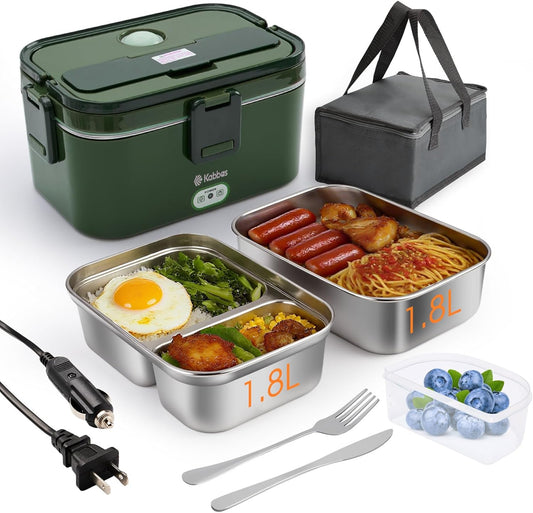 Kabbas 1.8L Portable Electric Lunch Box for Adults, 100W Heated Lunch Box for Men with Removable Dual Container, Fast Heating Food Warmer, 12V/24V/110V for Car Truck Office lonchera eléctrica portátil