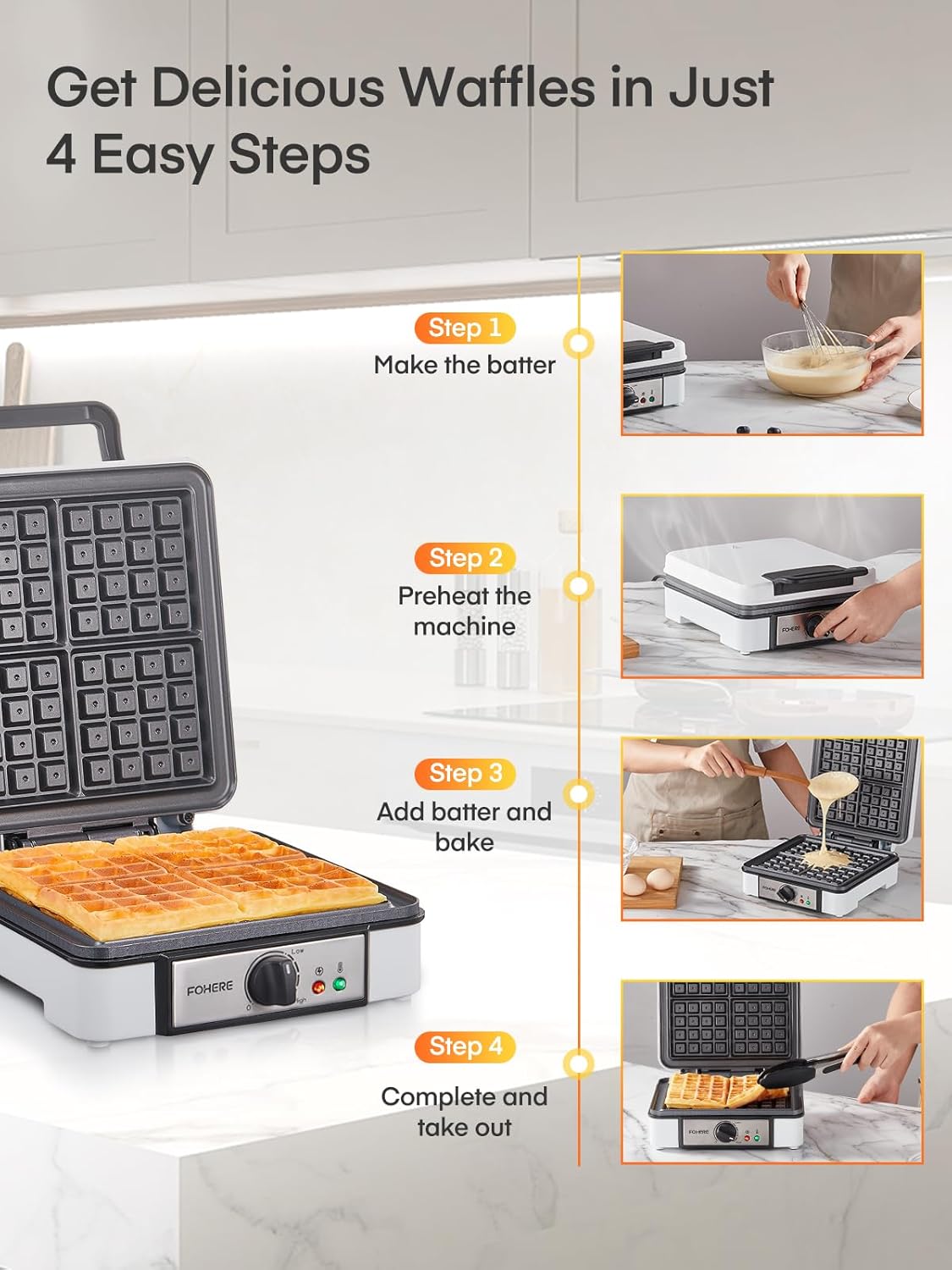 FOHERE Waffle Maker, 4-Slice Waffle Iron, Square Belgian Waffle Maker, with 5 Browning Levels, Non-Stick Plates, Indicator Lights, Cool Touch Handle, Recipe, 1200W (White)