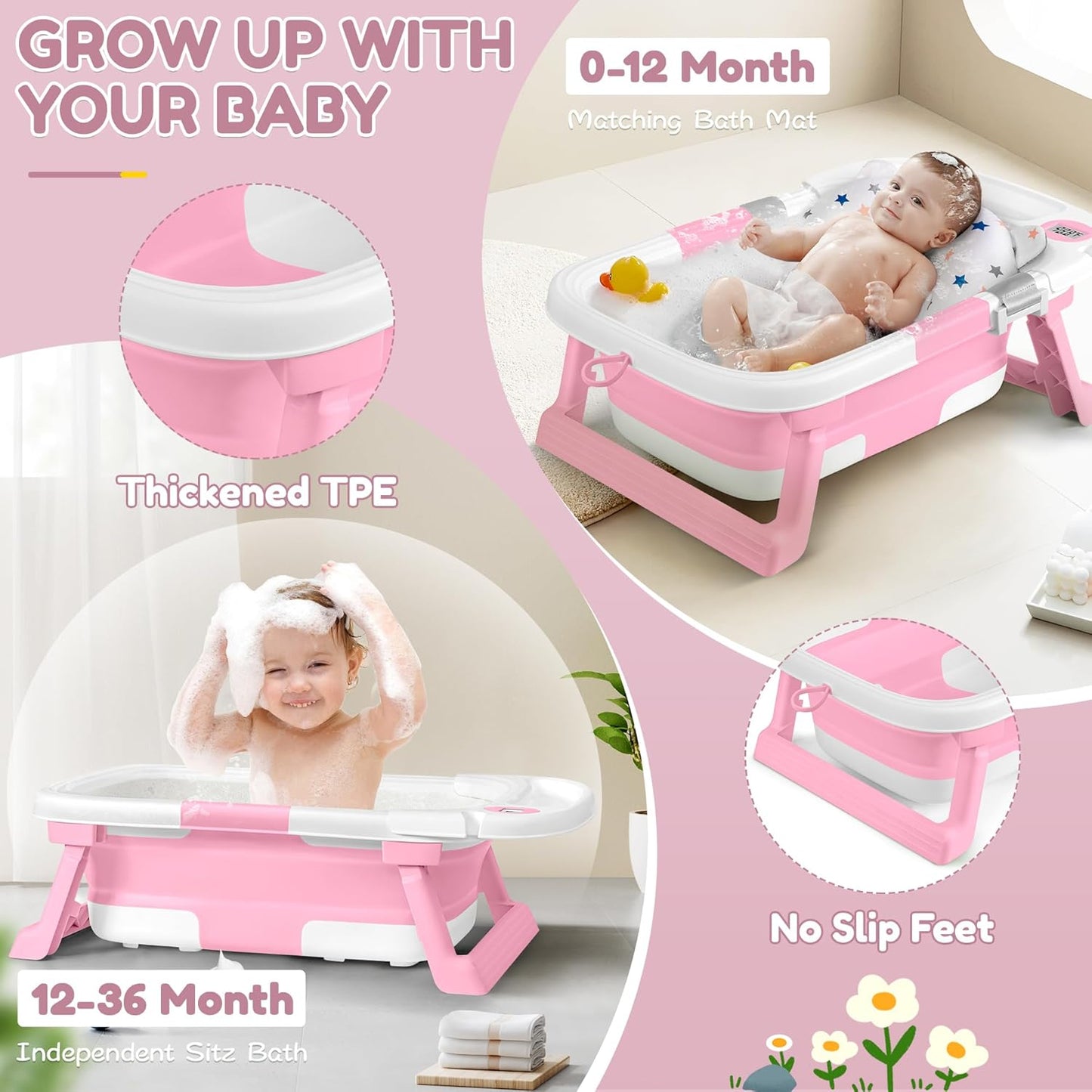 Collapsible Baby Bathtub,Baby Bath Tub with Thermometer & Soft Cushion,Baby Bathtub for Newborn to Toddler 0-36 Months,Portable Travel Baby Tub with No-Slip Feet,Baby Shower Gifts,Lavender