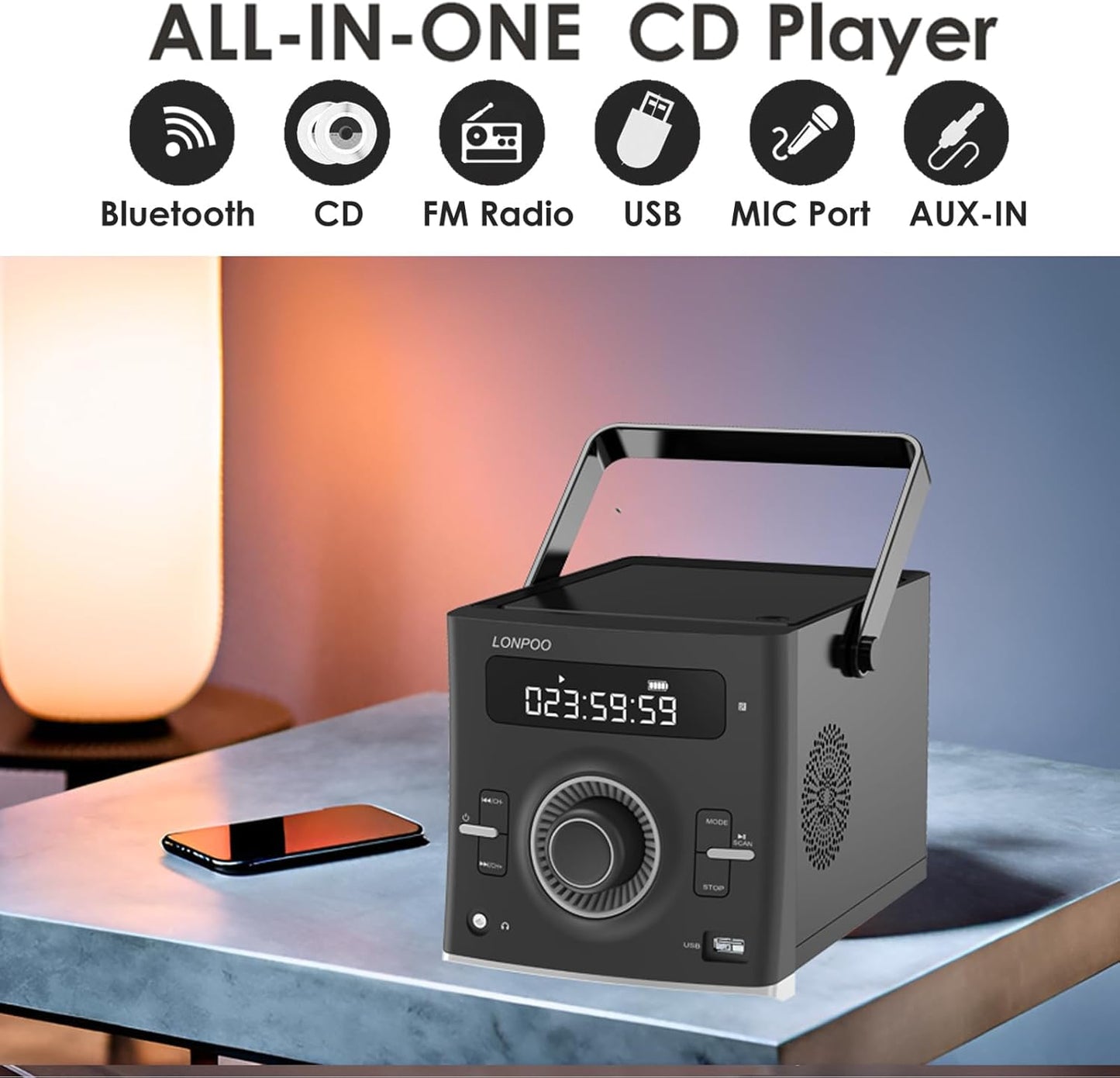 LONPOO Portable CD Player | Stereo Bluetooth Boombox | FM Radio Turn Knob | Auto Lid Open Button | Big LCD Display | Concealed Ports of USB/AUX/Earphone | Rear Power Protection Button (LP-D12)