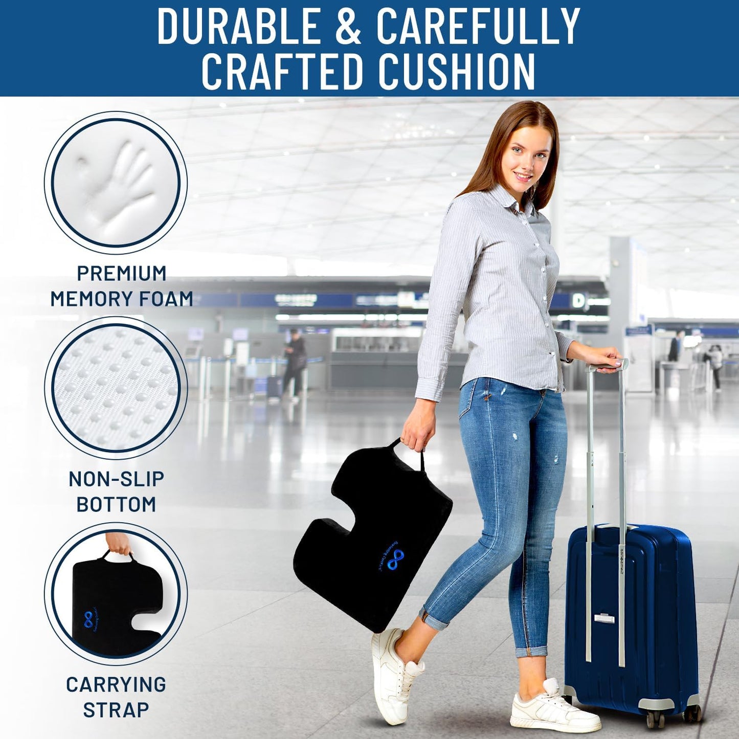 Everlasting Comfort Memory Foam Seat Cushion - Office Chair Cushion for Work, Travel, Car Support Pillow for Driving - Portable Seat for Chairs and Desks - Coussin Chaise - Black