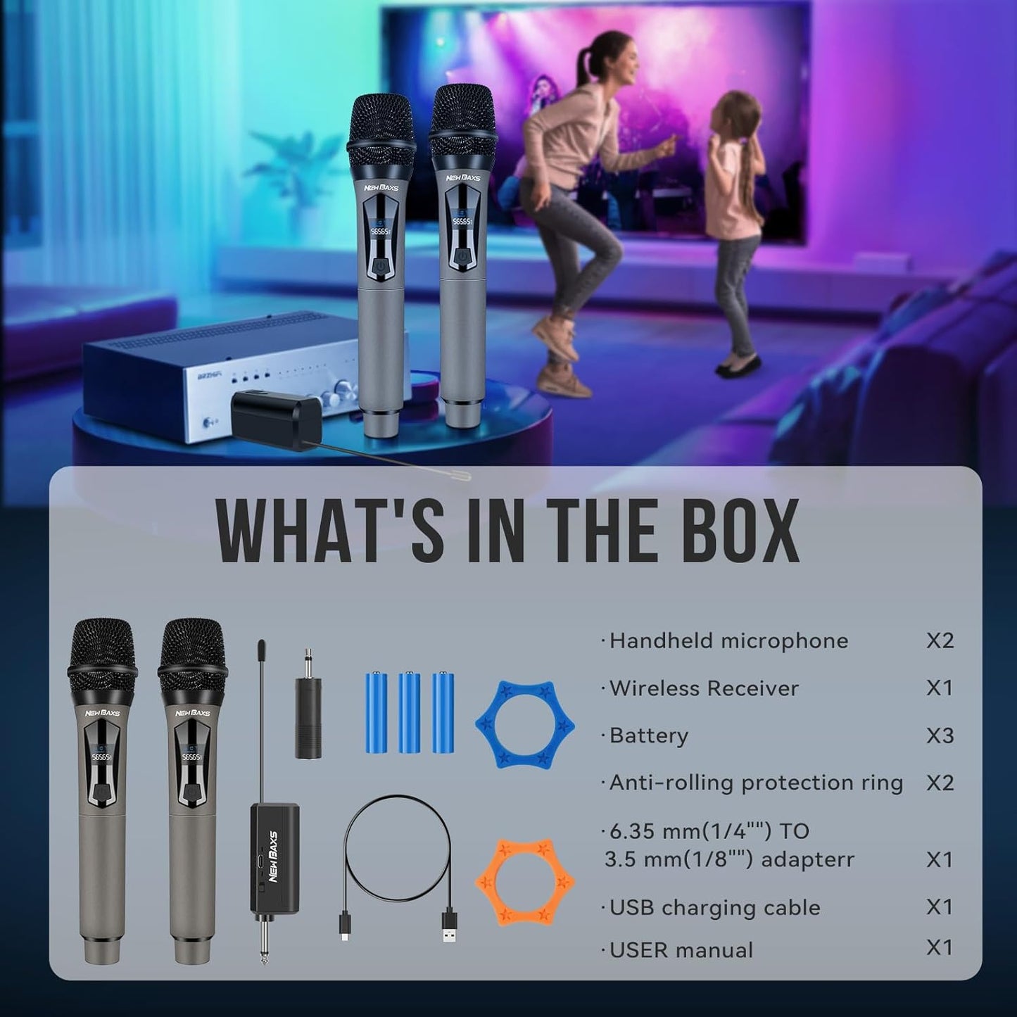 NEWBAXS Wireless Microphones,Dual Karaoke Microphone System,Microfonos Inalambricos with Rechargeable Receiver, Cordless Dynamic Mic Set for Singing, Wedding, DJ, Party, Speech,Micro Matte Gray