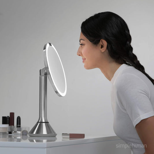 simplehuman 8" Round Sensor Makeup Mirror with Touch-Control Dual Light Settings, 5x Magnification, Rechargeable and Cordless, Brushed Stainless Steel, 8"