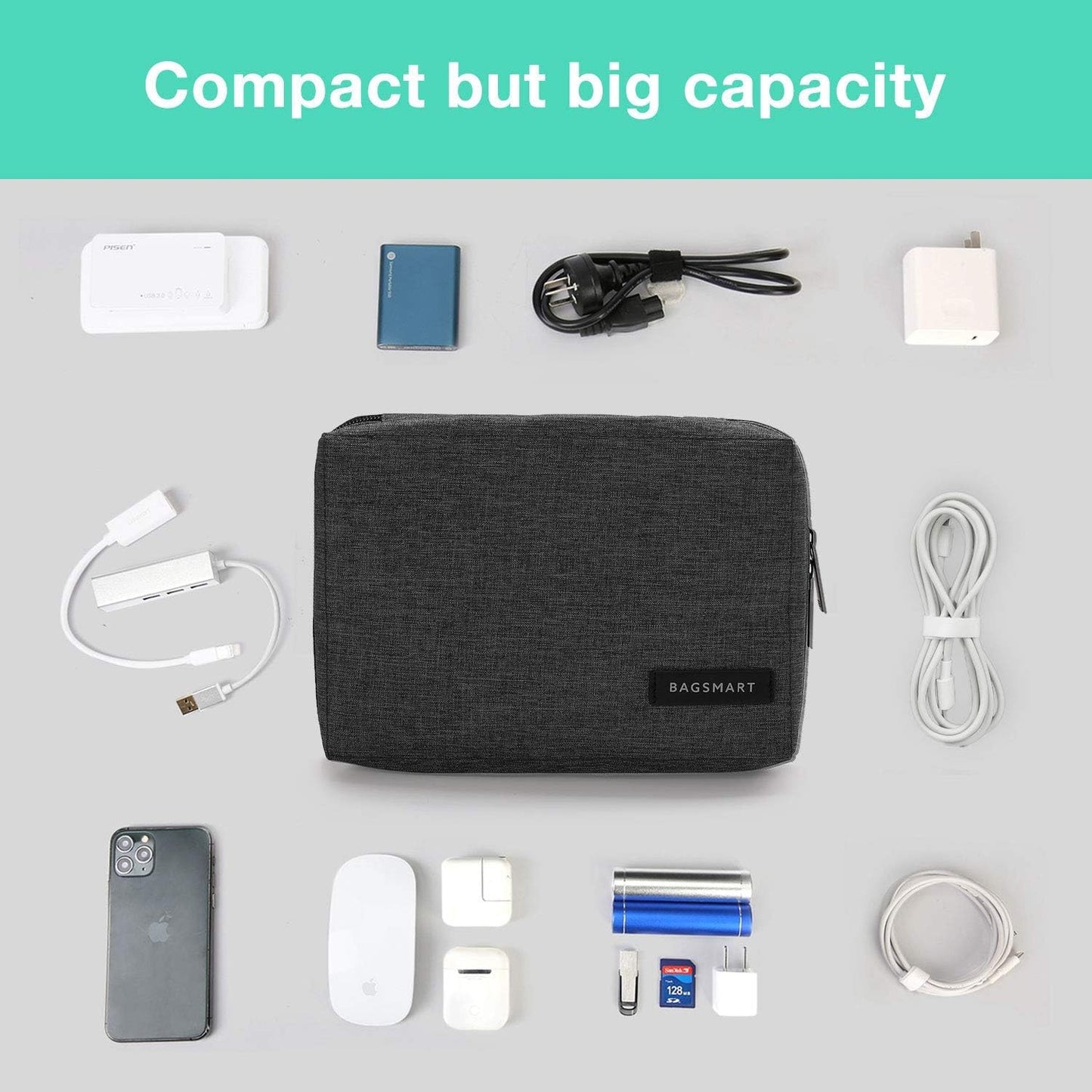 BAGSMART Electronic Organizer, Travel Cable Organizer Double Layer Electronics Accessories Cases Portable for Tablet 7.9", USB Drive, Cords, Black