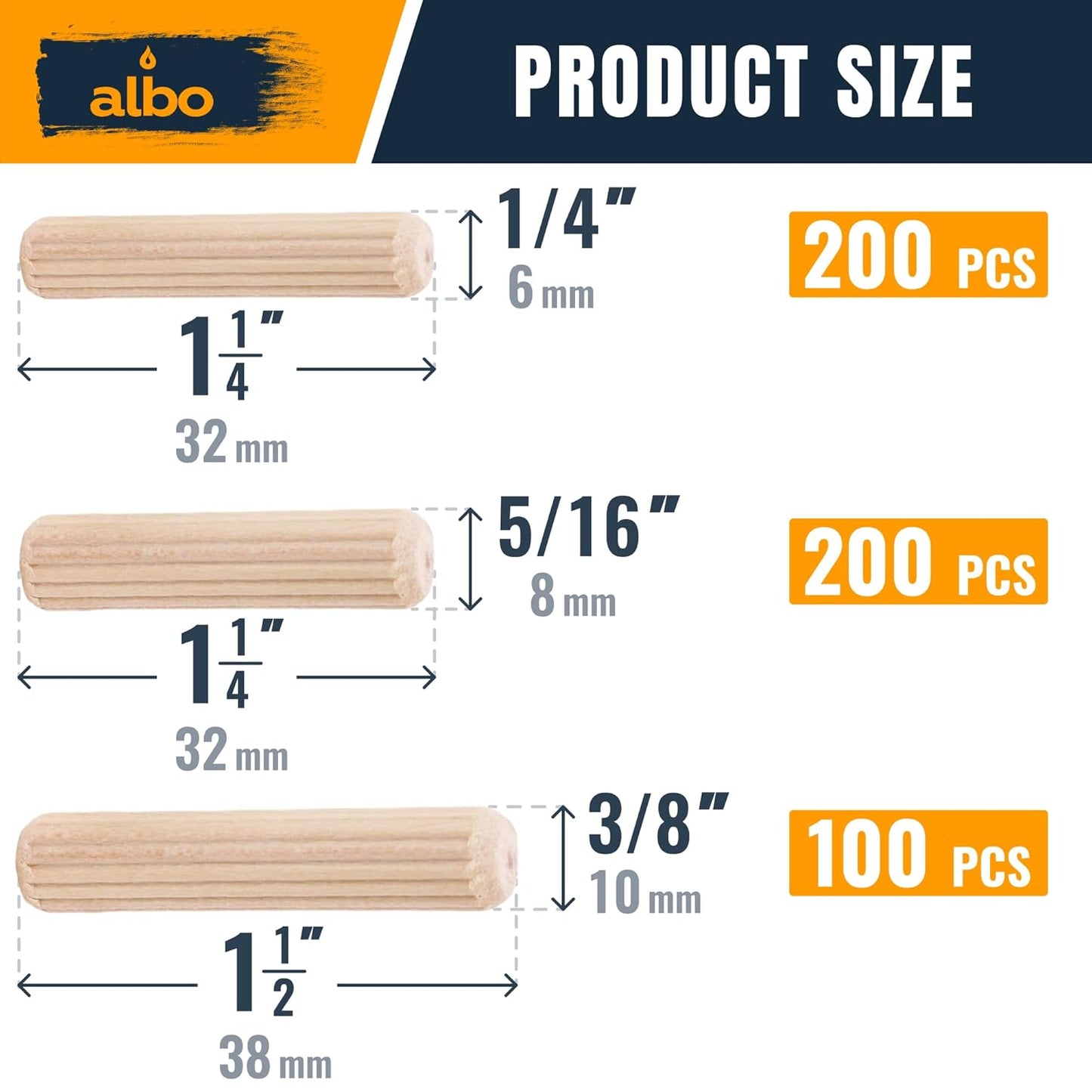 ALBO Wooden Dowel Pins 100 Pack Assorted Sizes 1/2 + 3/8 + 5/16 + 1/4 inch Fluted Wood Dowels Rods Hardwood Crafts Dowel Pegs