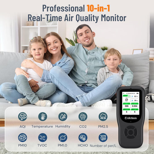 LifeBasis Air Quality Monitor Indoor, 10-in-1 Air Quality Detector with Stand, Real-Time Air Meter Test AQI, PM1.0, PM2.5, PM10, CO2, TVOC, HCHO, Particles, Temperature and Humidity with Alert -Black