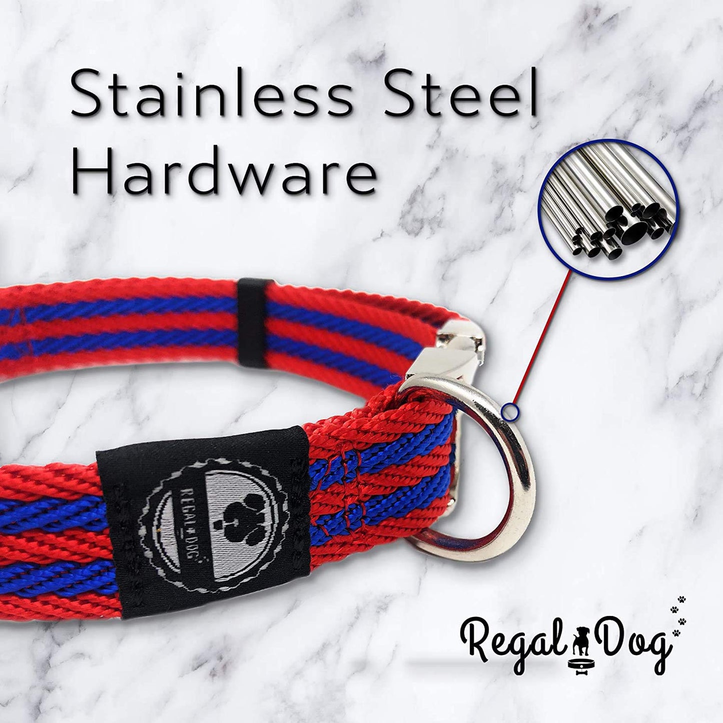 Regal Dog Products Pet Collar with Metal Buckle and D Ring | Durable Dog Collar with Reinforced Metal Clasp and Nylon Webbing Adjustable Dog Collar to fit for Large Dogs (Large, Blue/Gray Stripe)