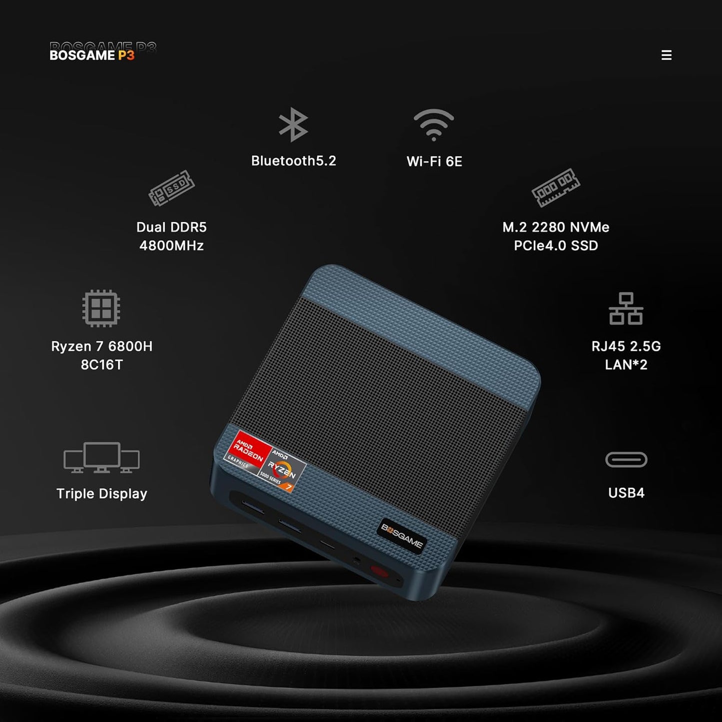 BOSGAME Mini PC P4, Desktop Computers Ryzen 7 5825U PC, Dual LAN Mini Gaming PC,16GB DDR4 RAM, 512GB NVMe SSD, 4K Triple Display, Wi-Fi 6E, Bluetooth 5.2