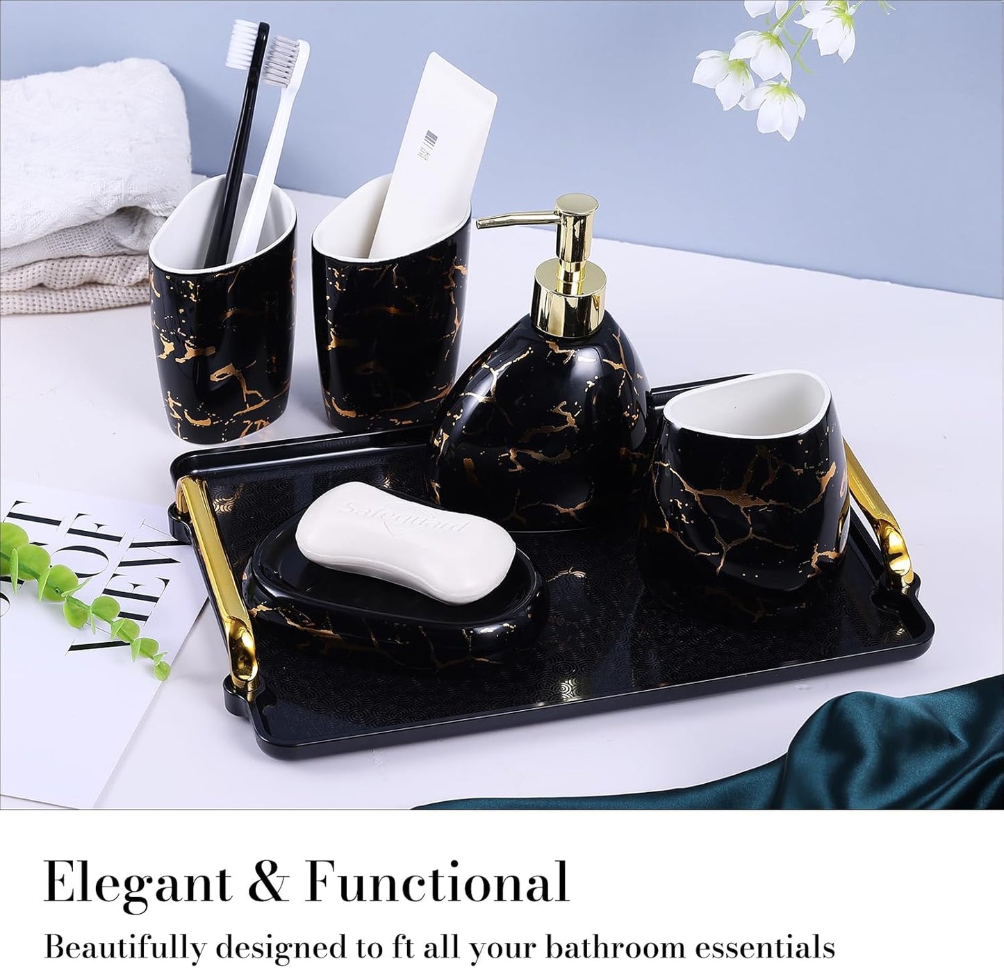 White Bathroom Accessories Set,Modern Countertop Bathroom Decor,Luxury 6 Piece Bathroom Accessory Set,Complete with Soap Dispenser,Toothbrush Holder,Tumbler,Tray
