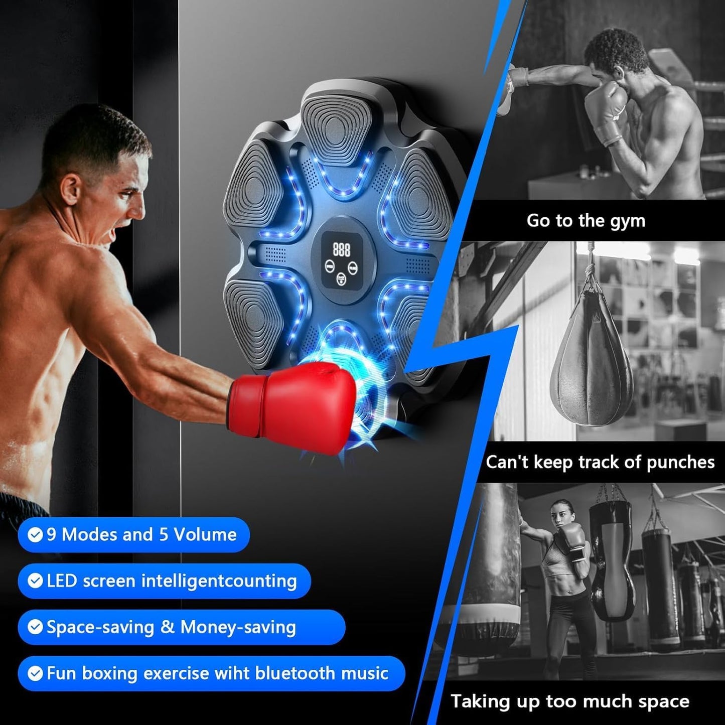 Music Boxing Machine, Music Punching Machine for Adults Kids, Smart Bluetooth Boxing Training Equipment with Gloves Wall Mounted, Workout Punching Machine for Home,Office and Gym