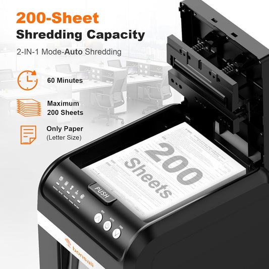 Bonsaii 200-Sheet Auto Feed Paper Shredder, 60 Minutes Nonstop Heavy Duty Shredders, 8.1 Gallon Large Bin Office Document Shredder, Micro-Cut/High Security P-4 Commercial Grade Shredder (C283-A) - PuriLite