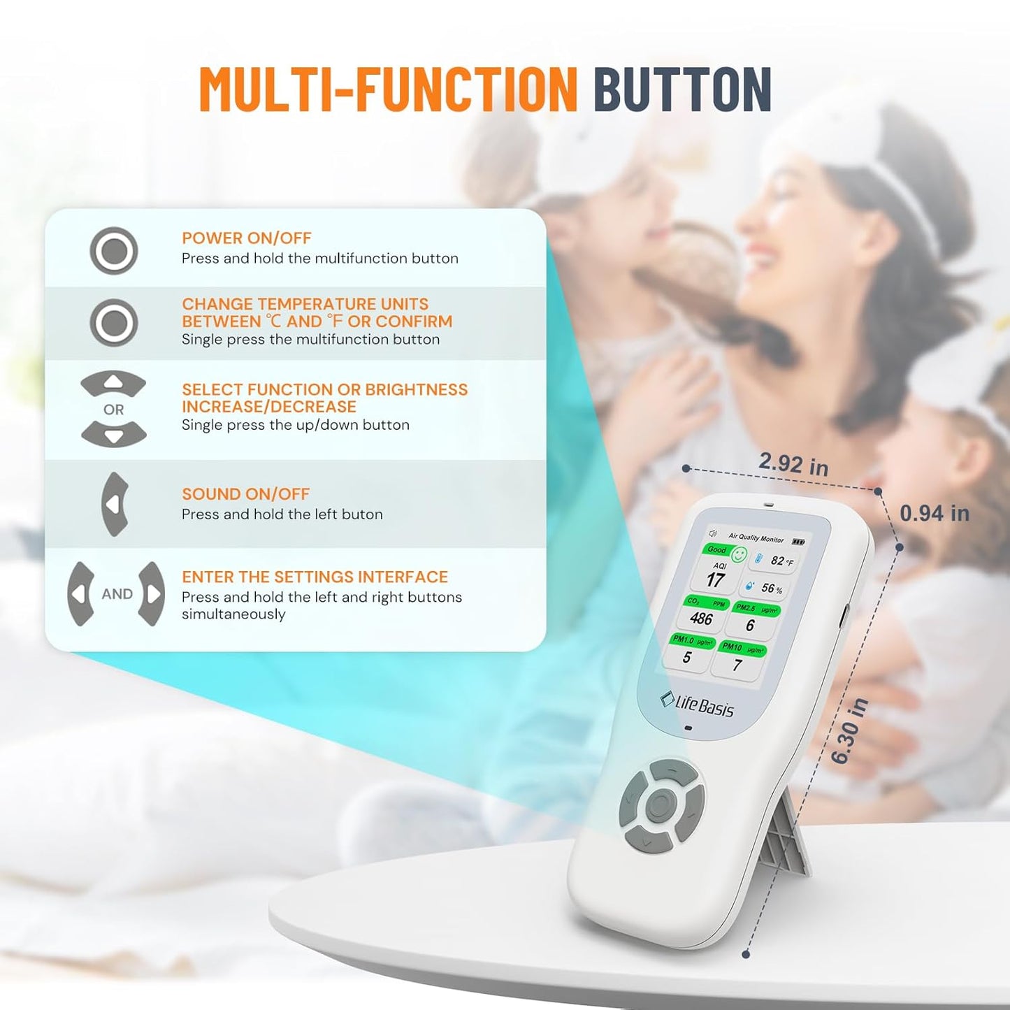 LifeBasis Air Quality Monitor Indoor, 10-in-1 Air Quality Detector with Stand, Real-Time Air Meter Test AQI, PM1.0, PM2.5, PM10, CO2, TVOC, HCHO, Particles, Temperature and Humidity with Alert -Black