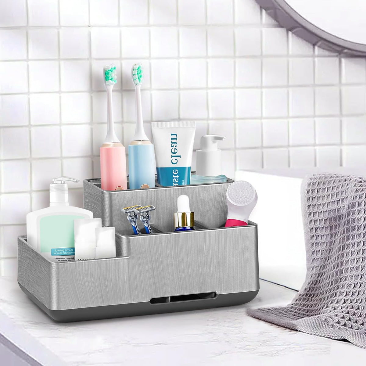Toothbrush Holder, Bathroom Organizers Countertop, 6 Compartments Multifunctional Washroom Organizer for Toothpaste, Cosmetic, Makeup, Office Stationery Pencils(Silver)