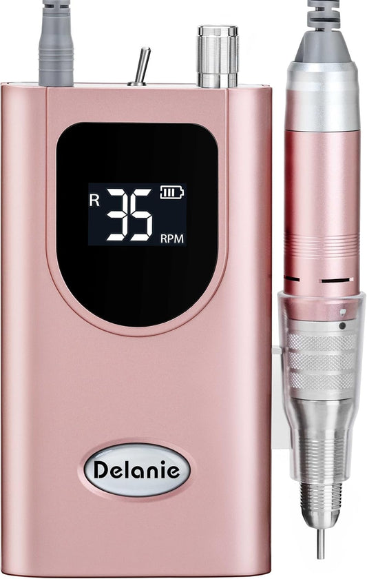 Delanie Professional Nail Drill High Torque 35000 RPM Rechargeable Portable Electric Nail File for Acrylic & Gel, High Speed, Low Heat, Low Vibration, Rose Gold