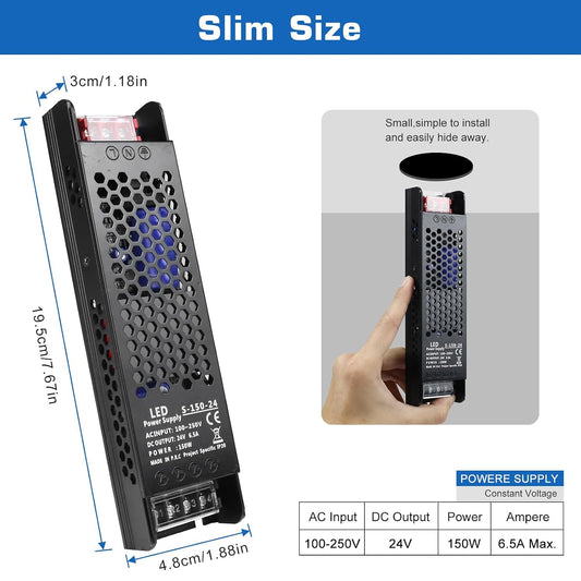 LED Driver 24V 150W 6.5A Slim LED Power Supply, AC 100-250V to 24V DC Adapter, Constant Voltage Transformer for LED Strip Lights, Bulbs, Garden Light, Cabinet Lights