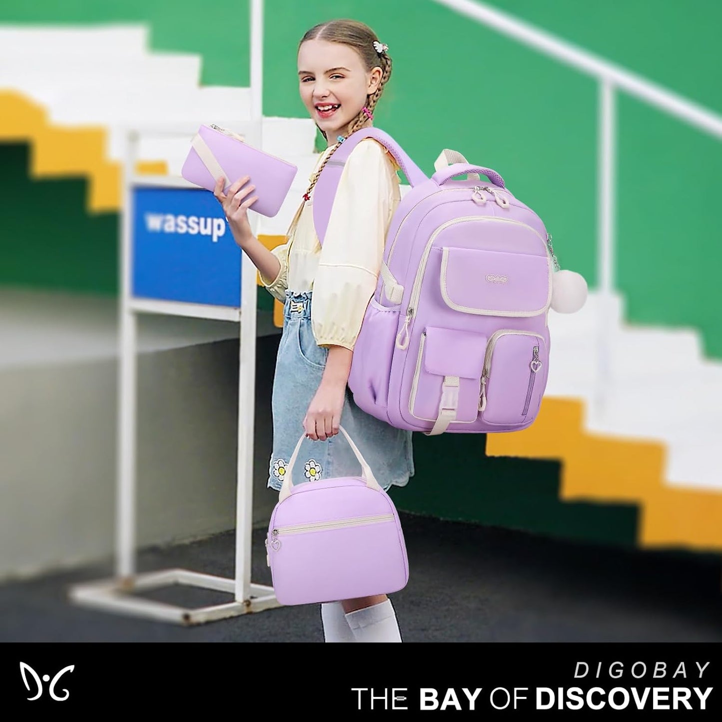3PCS School Backpack for Girls with Lunch Box Pencil Pouch for Teen Girls Children Elementary Primary Middle High College Daypack School bag Bookbag Set Pink
