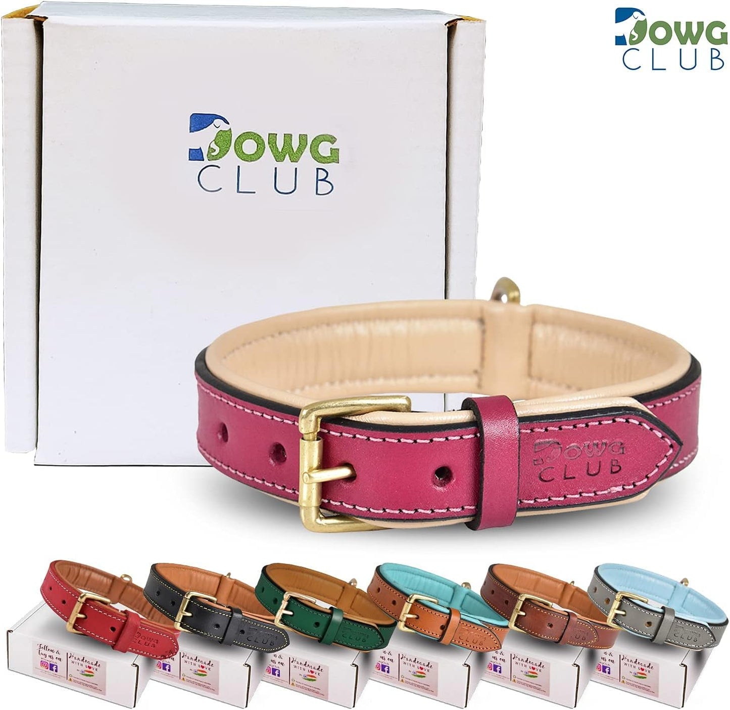 DowgClub | Genuine Leather Dog Collar | Full Grain, Heavy Duty | Comfortable, Strong | Best for Pups, Small, Medium & Large Breeds | Pink, Brown, Black, Tan