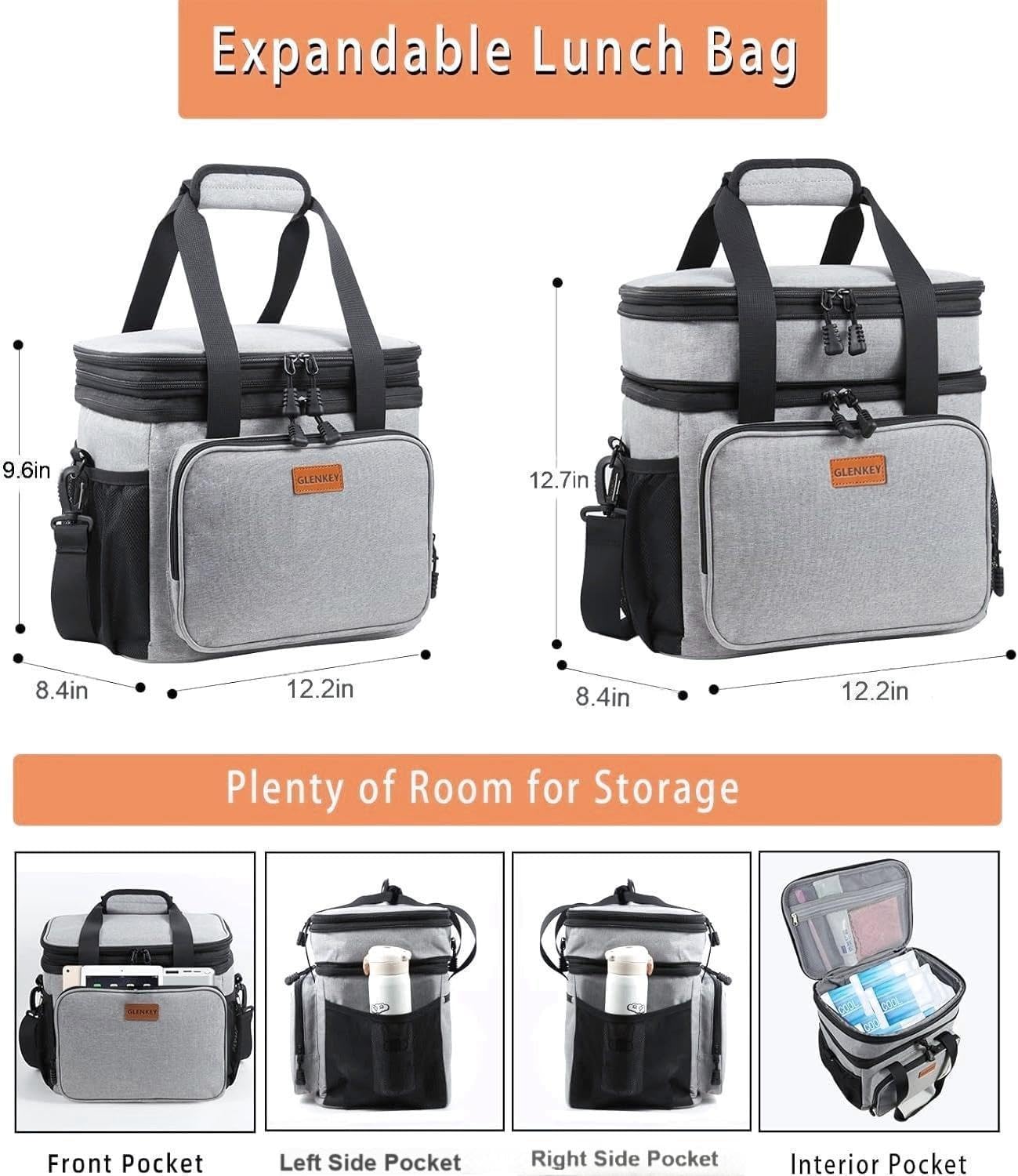 Expandable Large Lunch Bag, Double Deck Insulated Lunch Box Leakproof Durable Soft Cooler Bag for Men Women Adults Work Construction Beach Picnic Daytrip,16L,Black, GLENKEY