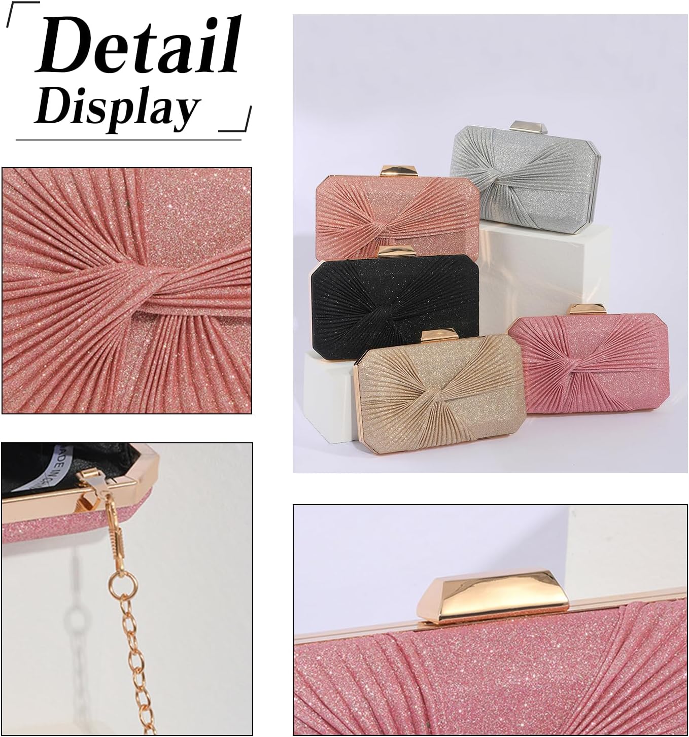 CORIOS Pleated Evening Bag Sparkly Sequin Clutch Bag for Women Sparkly Handbag Bridal Wedding Purse Elegant Crossbody Bag