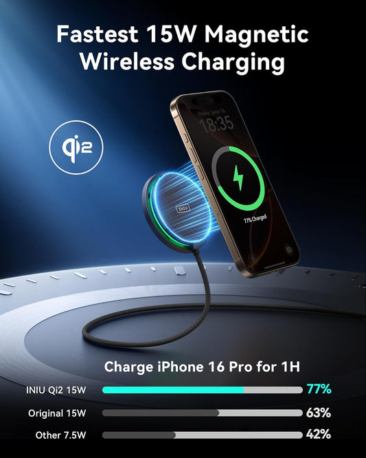 INIU Magnetic Wireless Charger, Qi2 Certified 15W Fast Mag-Safe Wireless Charging Pad with Cooling Fan & LED Light, for iPhone 16 15 14 13 12 Series, AirPods, and More (Adapter Included) - PuriLite
