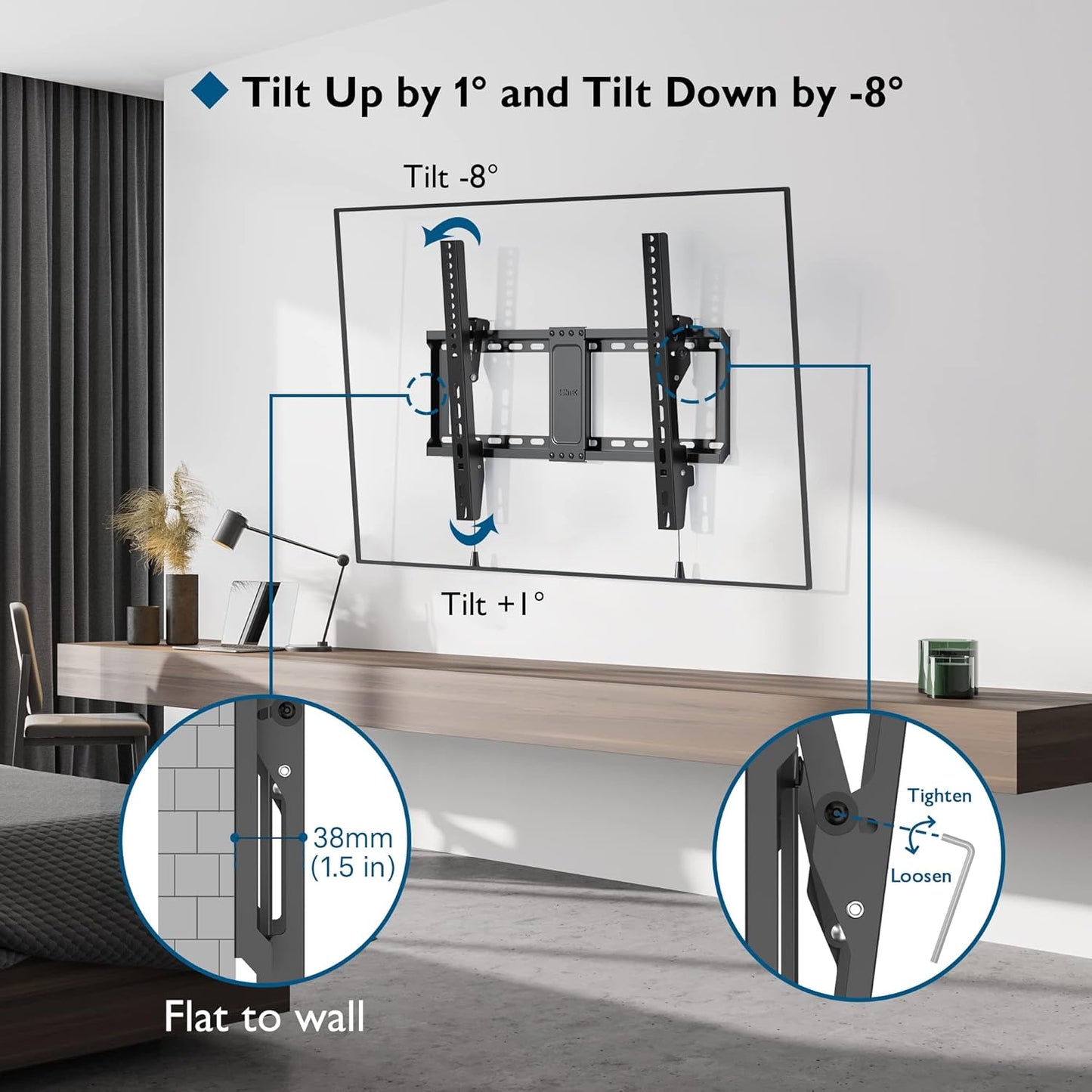 BONTEC TV Wall Mount for 37–85 Inch TVs, Tilting TV Mount Bracket for LED LCD OLED Flat Curved Screens, Low Profile 1.5in Design, Max VESA 600x400mm, Supports up to 132lbs, Fits 55 65 75 85 Inch