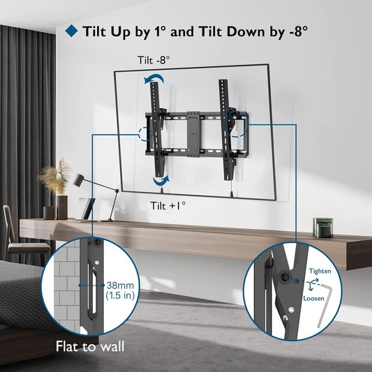 BONTEC TV Wall Mount for 37–85 Inch TVs, Tilting TV Mount Bracket for LED LCD OLED Flat Curved Screens, Low Profile 1.5in Design, Max VESA 600x400mm, Supports up to 132lbs, Fits 55 65 75 85 Inch - PuriLite