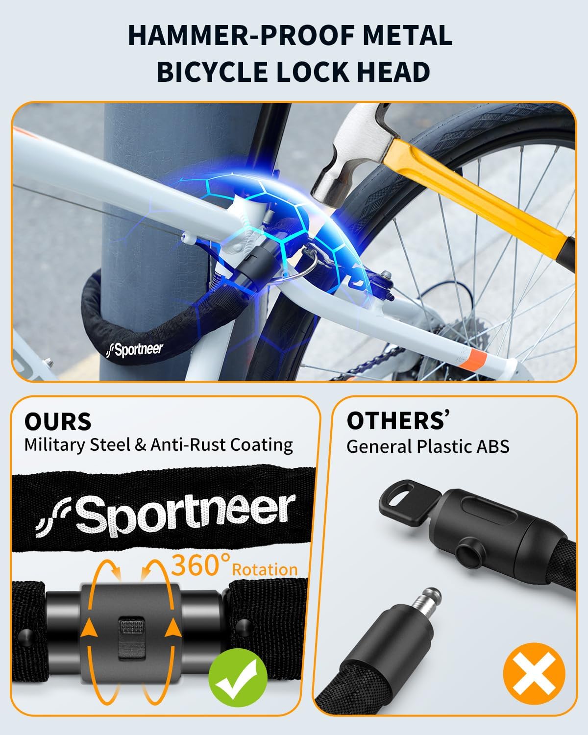 Sportneer Bike Lock Anti-Theft Bicycle Chain Lock Heavy Duty 0.32inch/8mm Thicker Motocycle Lock High Security with 2 Keys for Bike, Scooter, Moto, Door, Gate Fence