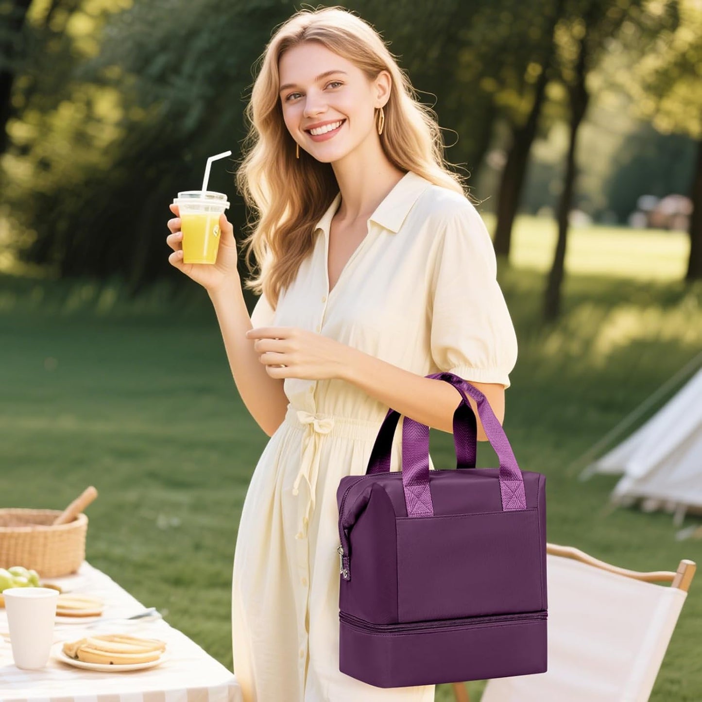 Lunch Bag Insulated Lunch Box Leakproof Lunch Tote Bags for Women Men,Portable Thermal Cooler Bag Lunch Containers with Shoulder Strap for Work, Family, Picnic, School, Outdoor,BBQ C2-Pinkpurple