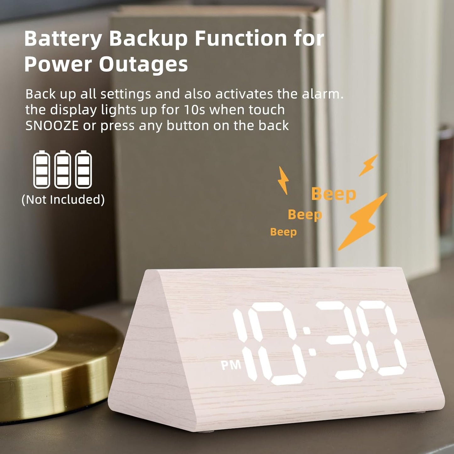 Odokee Wooden Digital Alarm Clock for Bedroom: Electric Desk Clock with Large LED Display - Brown