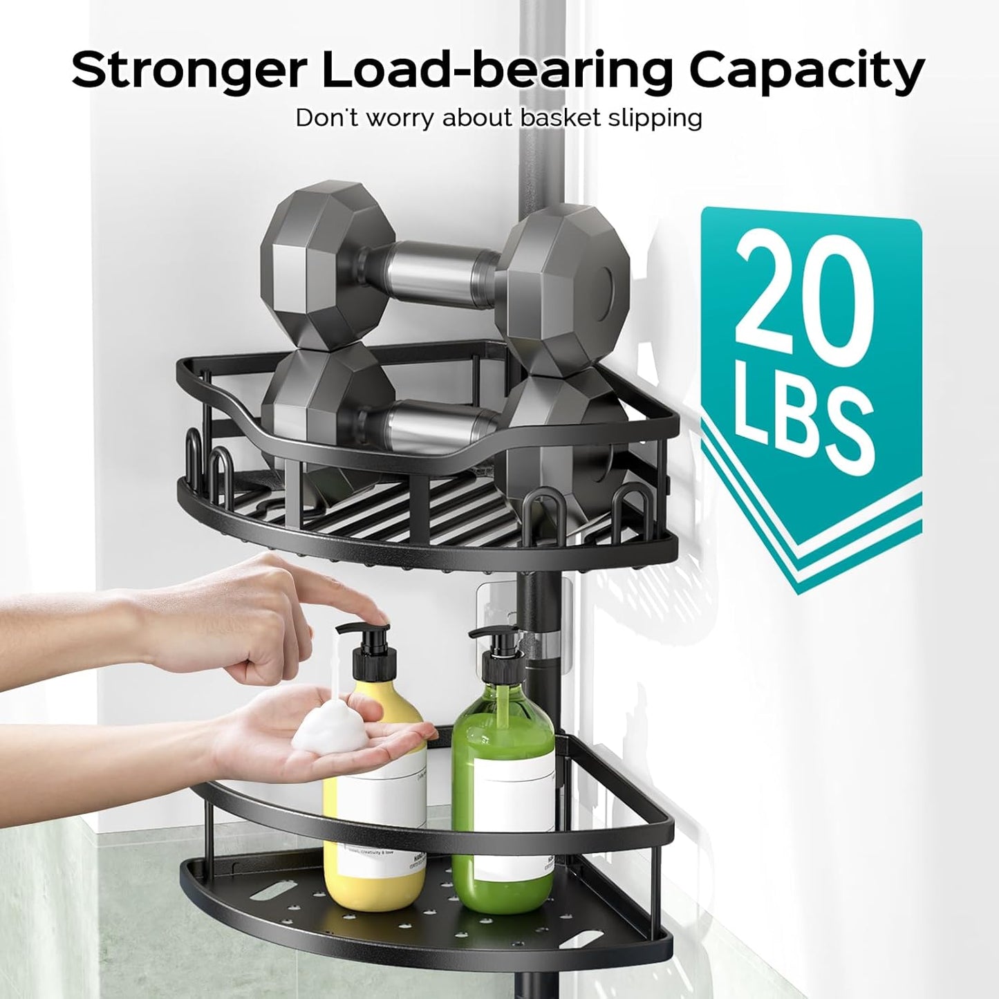 HAMITOR Corner Shower Caddy Tension Pole: High Capacity 4-Tier Rustproof Bathroom Organizer Shelves for Small Bathrooms - 47-121 inch Adjustable Floor Standing Bath Rack Holder - Black