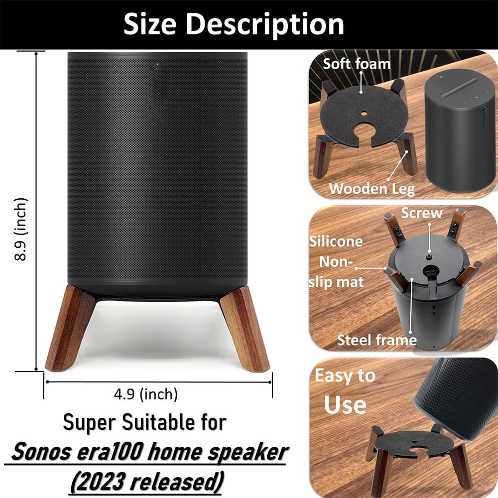 Real Wood Stand Compatible for Sonos Era 100 Speaker,Tripod Desk Mount for Better Speaker Sound, Stable Sturdy Wooden Holder for era100 Alexa Enabled Smart Speaker (Walnut)