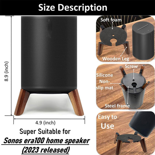 Real Wood Stand Compatible for Sonos Era 100 Speaker,Tripod Desk Mount for Better Speaker Sound, Stable Sturdy Wooden Holder for era100 Alexa Enabled Smart Speaker (Walnut) - PuriLite