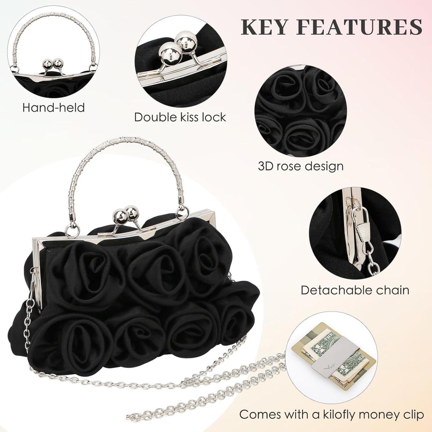kilofly Missy K 7 Roses Clutch Purse, Satin, with Detachable Strap + kilofly Money Clip
