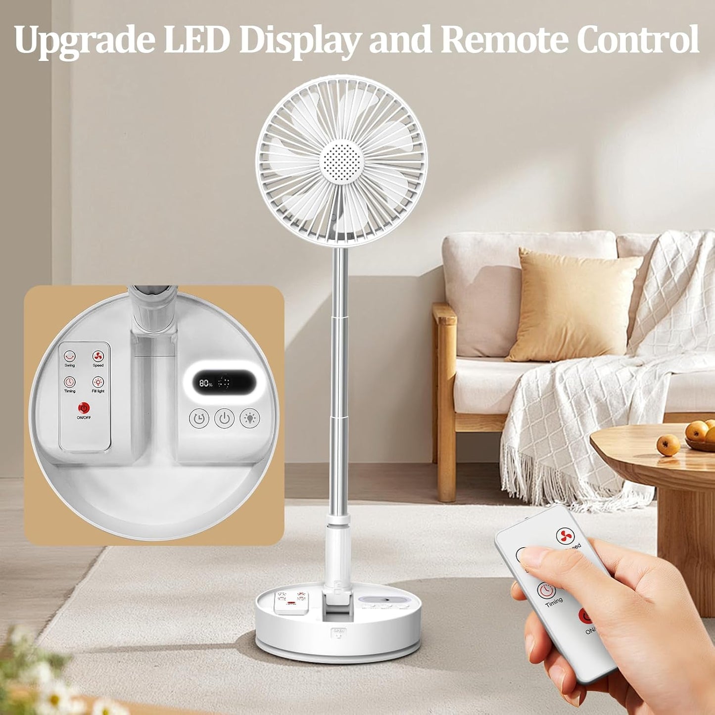 HHT Foldable Portable Standing Fan with Remote, 8" Rechargeable Floor Fan, 120° Quiet Oscillating Fan, 4 Speeds, LED Light, Timer, 7200mAh Battery, Adjustable Height Table Fan for Home Travel