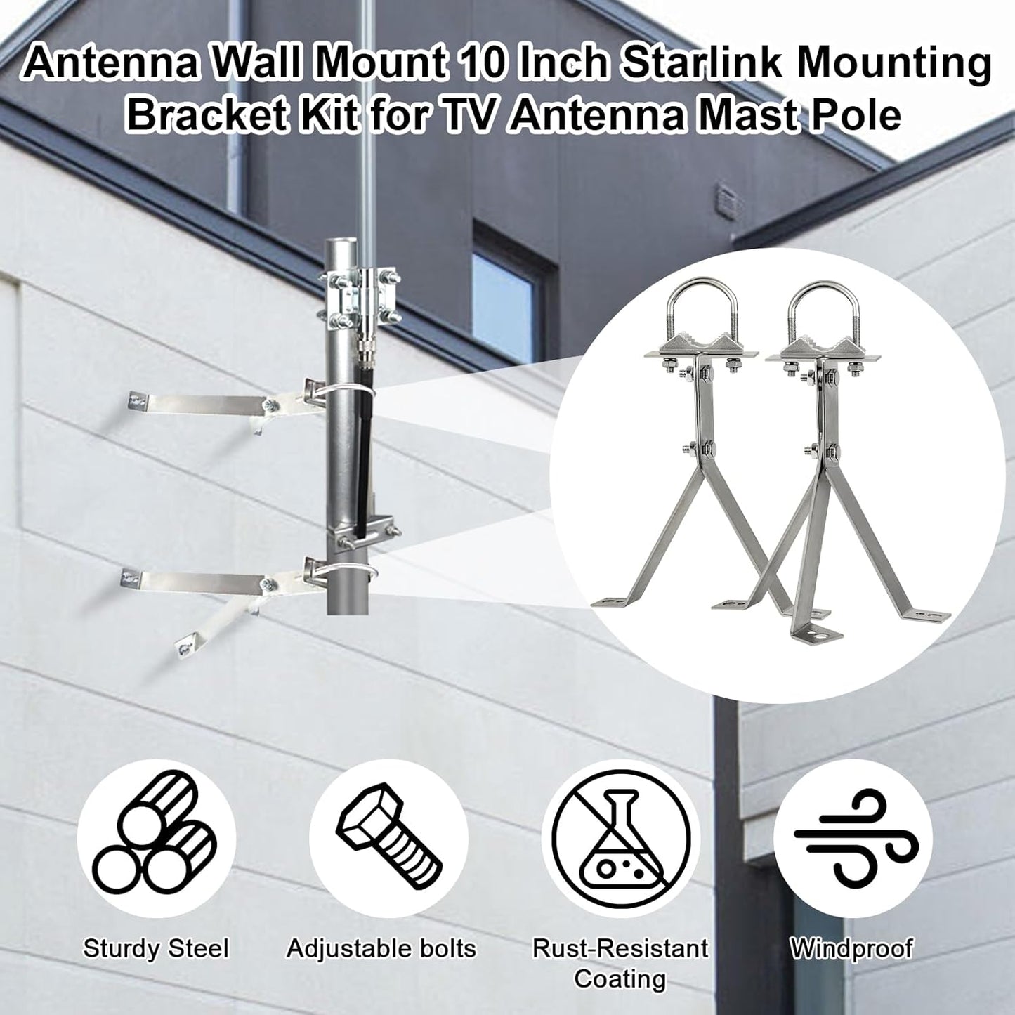XRDS-RF 16 Inch Heavy-Duty Wall Mount Stand Off Mast for TV Antenna - Windproof Mounting Bracket (2-Leg + 2-Leg)
