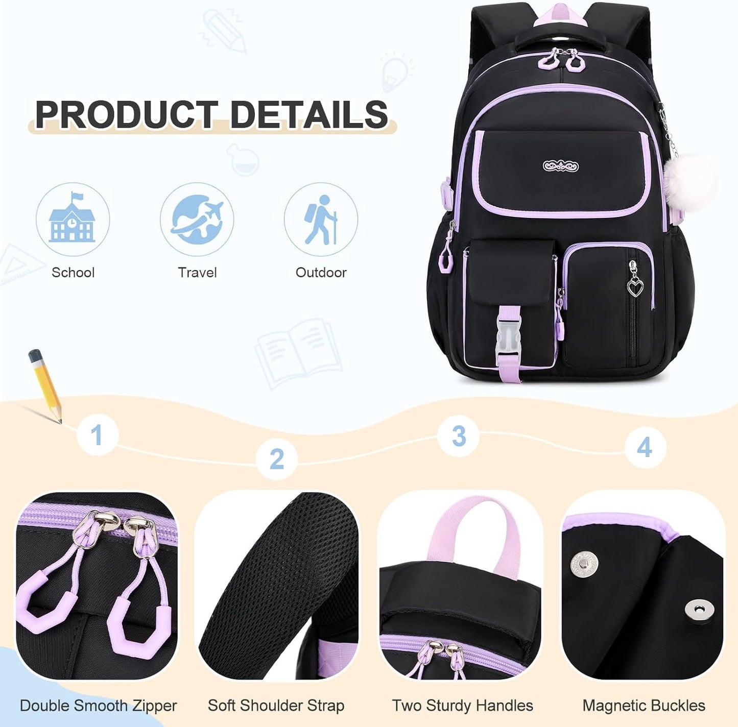3PCS School Backpack for Girls with Lunch Box Pencil Pouch for Teen Girls Children Elementary Primary Middle High College Daypack School bag Bookbag Set Pink